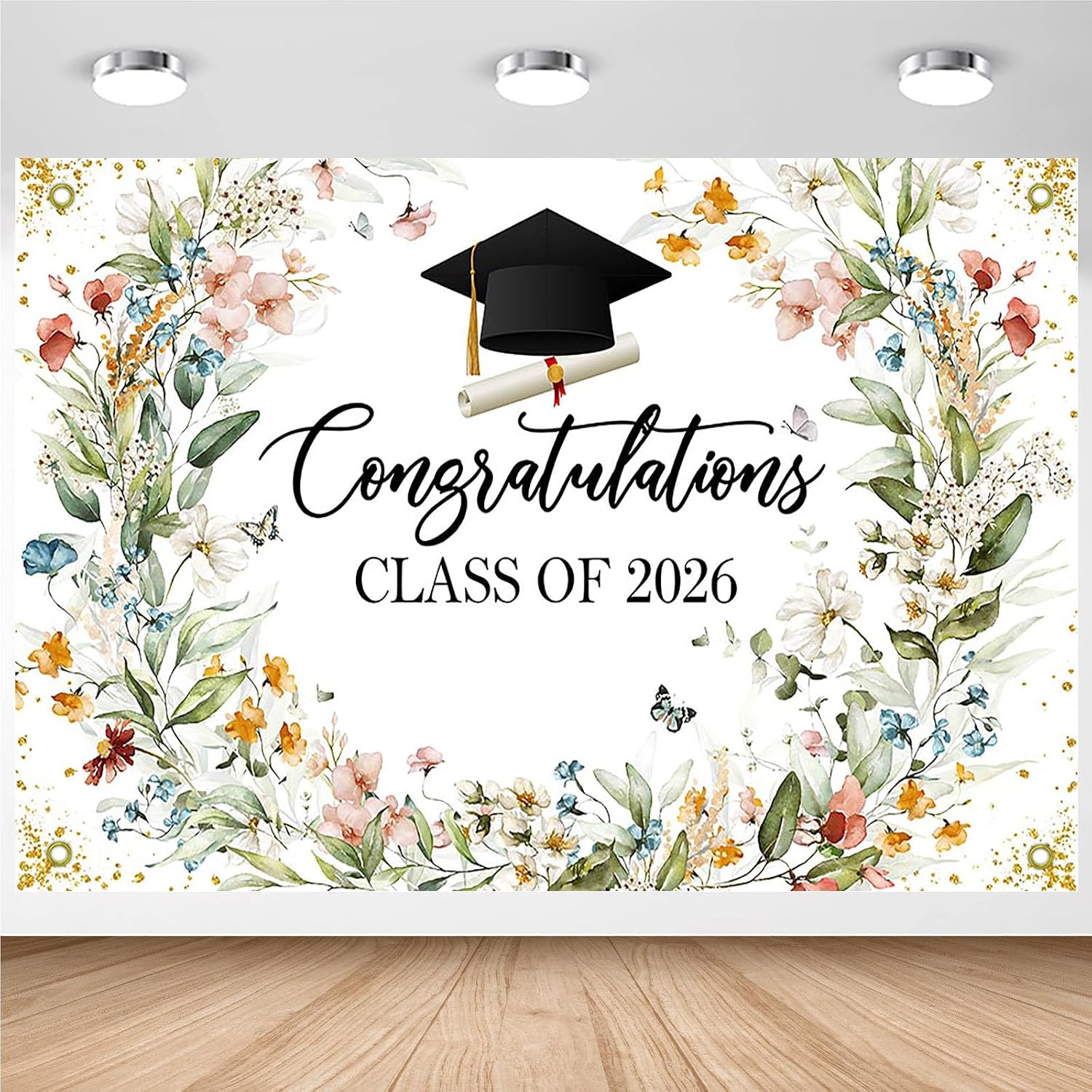 Avezano Wildflower Graduation Backdrop Watercolor Floral Class of 2026 Graduation Decorations Congrats Grad Banner (8x6ft)