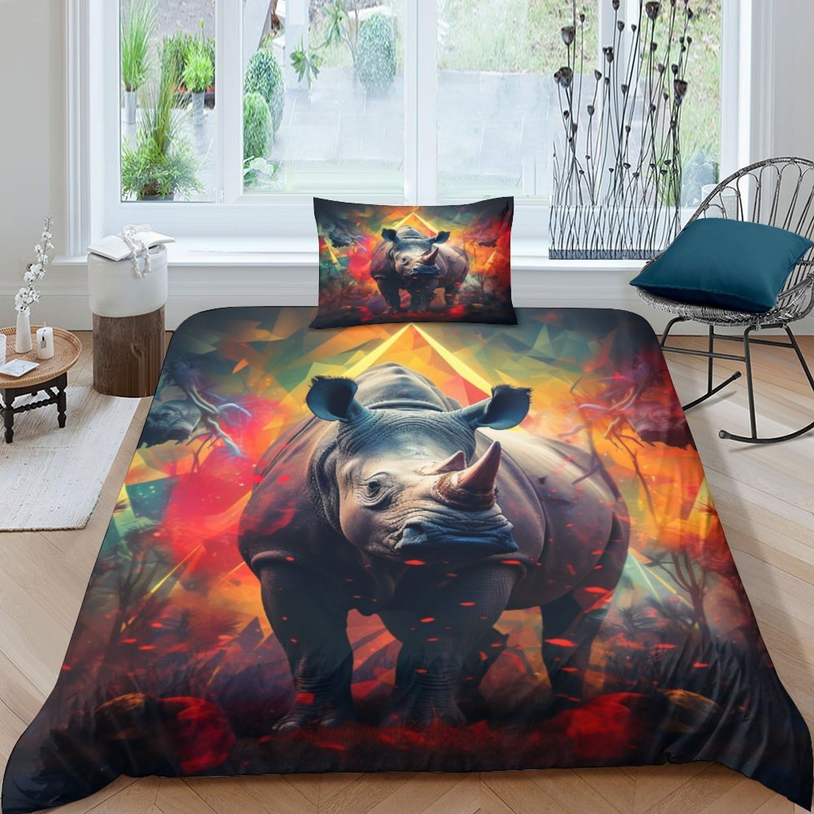 Juego de cama de rinoceronte salvaje 3D con cremallera y ropa de cama infantil 135x200 cm