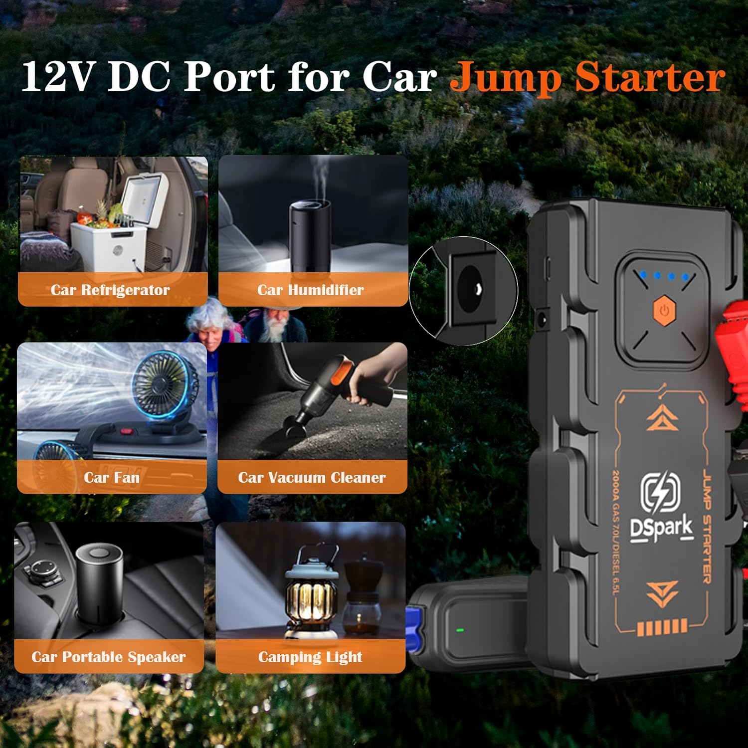 Compact 2000A Car Jump Starter, Ultra-Portable & Beginner-Safe Battery Booster for Up to 7.0L Gas / 6.5L Diesel, Lightweight 12V Jump Box with USB Fast Charge & LED Emergency Light