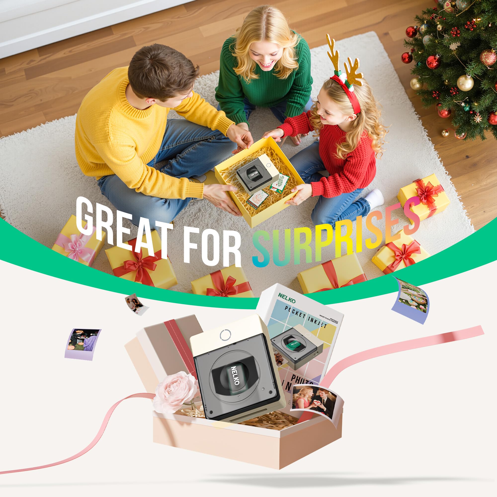 Nelko Fotodrucker PP02 Farbe Tragbarer Mini Fotodrucker für Smartphone, Tintenstrahl Aufkleber Drucker, Sticky Back Fotos für iOS & Android, Spaß Bearbeiten App, weiß
