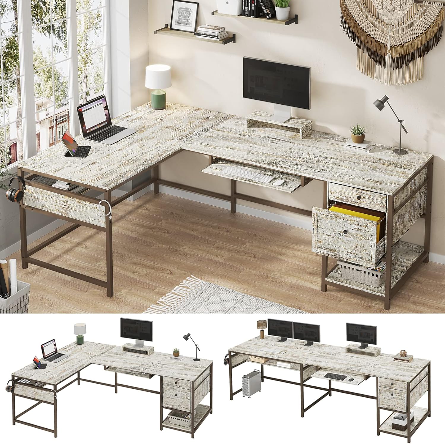SEDETA 69" L Shaped Office Desk, Reversible L Shape Farmhouse Desk or