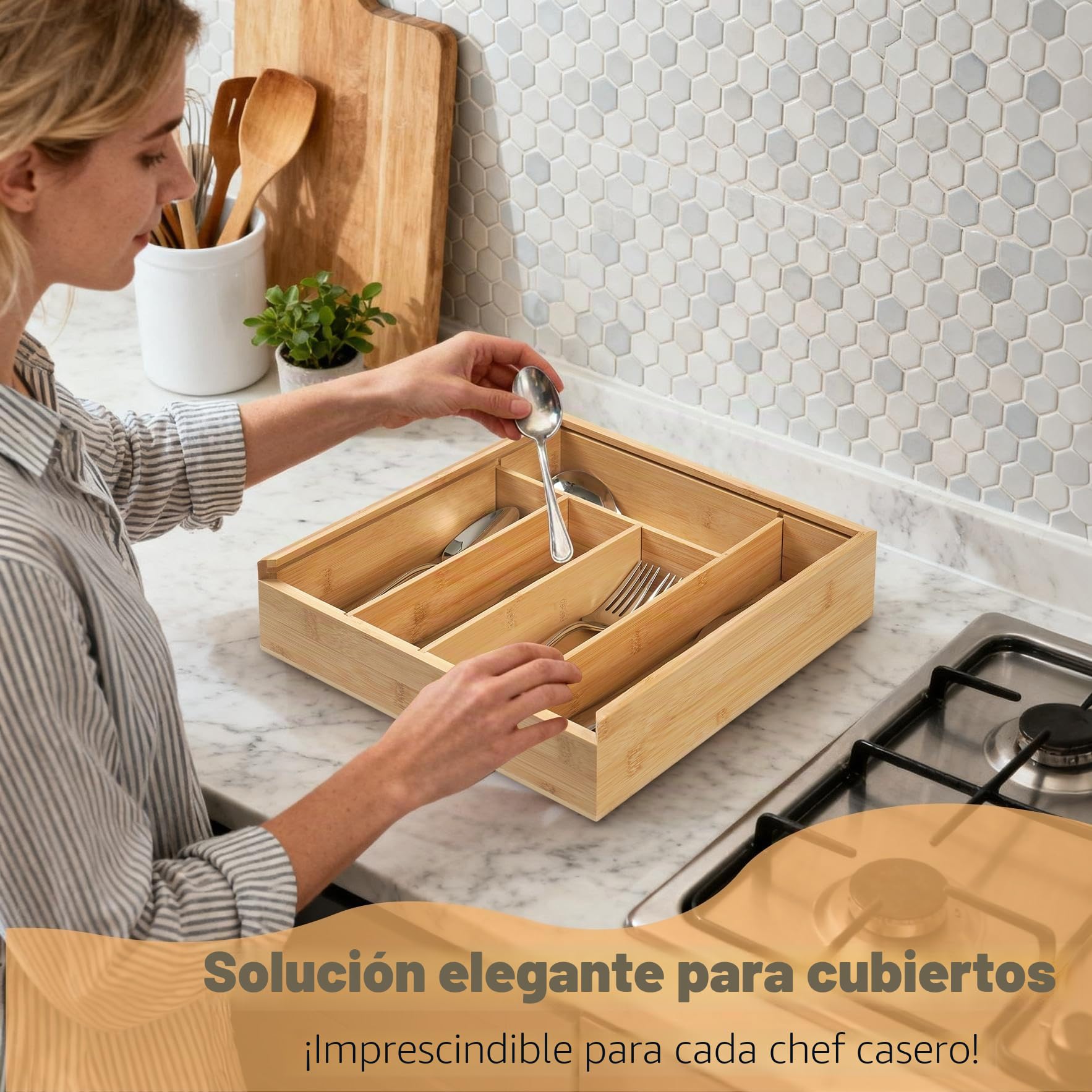 Cubertería de madera con tapa, 5 compartimentos, caja de almacenamiento, 30 x 30 x 8 cm, organizador de cubiertos para mesa y cajón, soporte para cubiertos con diseño decorativo