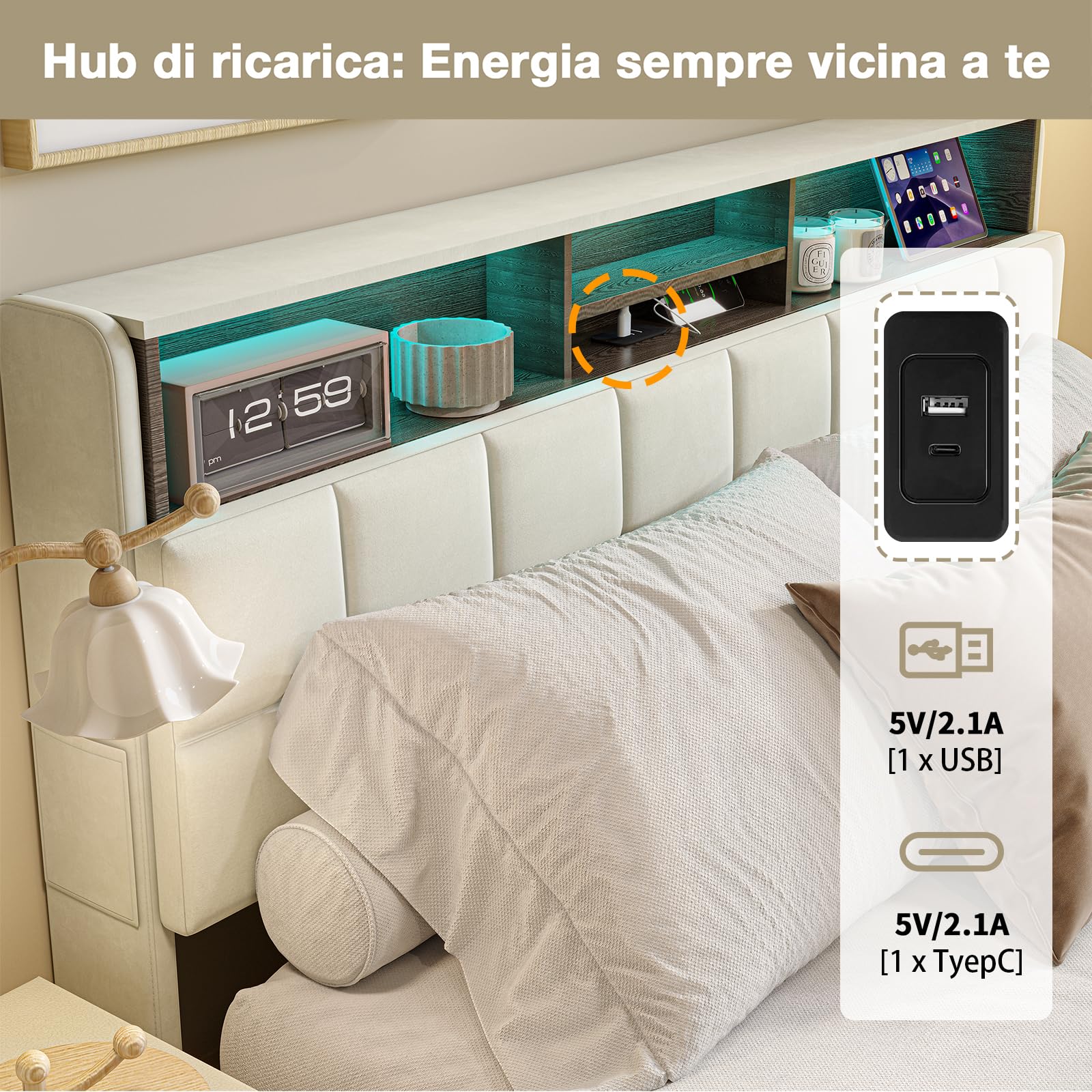 Camas Matrimoniales 160x200 con Luces LED y USB C, Cama Tapizada en Terciopelo con 4 Cajones y Cabecero Almacenaje Multifuncional,Somier Madera,Marco metálico,para Todas Las Edades(Beige-500KG
