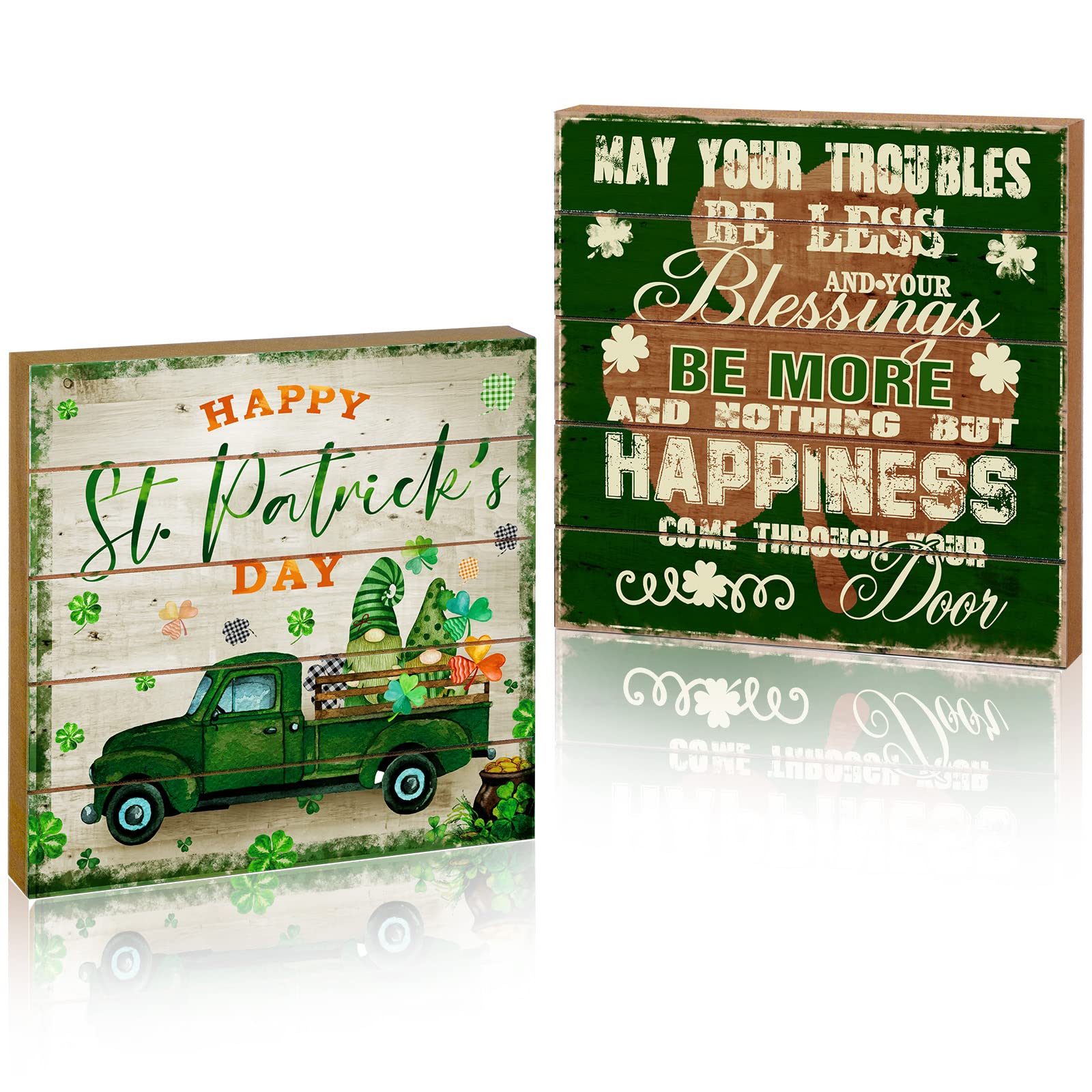 Photo 1 of 2 Pcs St. Patrick's Day Decorations Wood Irish Blessing Sign Signs Saint Patty's Day Shamrock Truck Gnome Wood Wall Decor Happy St. Patrick's Day Block Plaque for Home Table Decor, 8 x 8 Inch