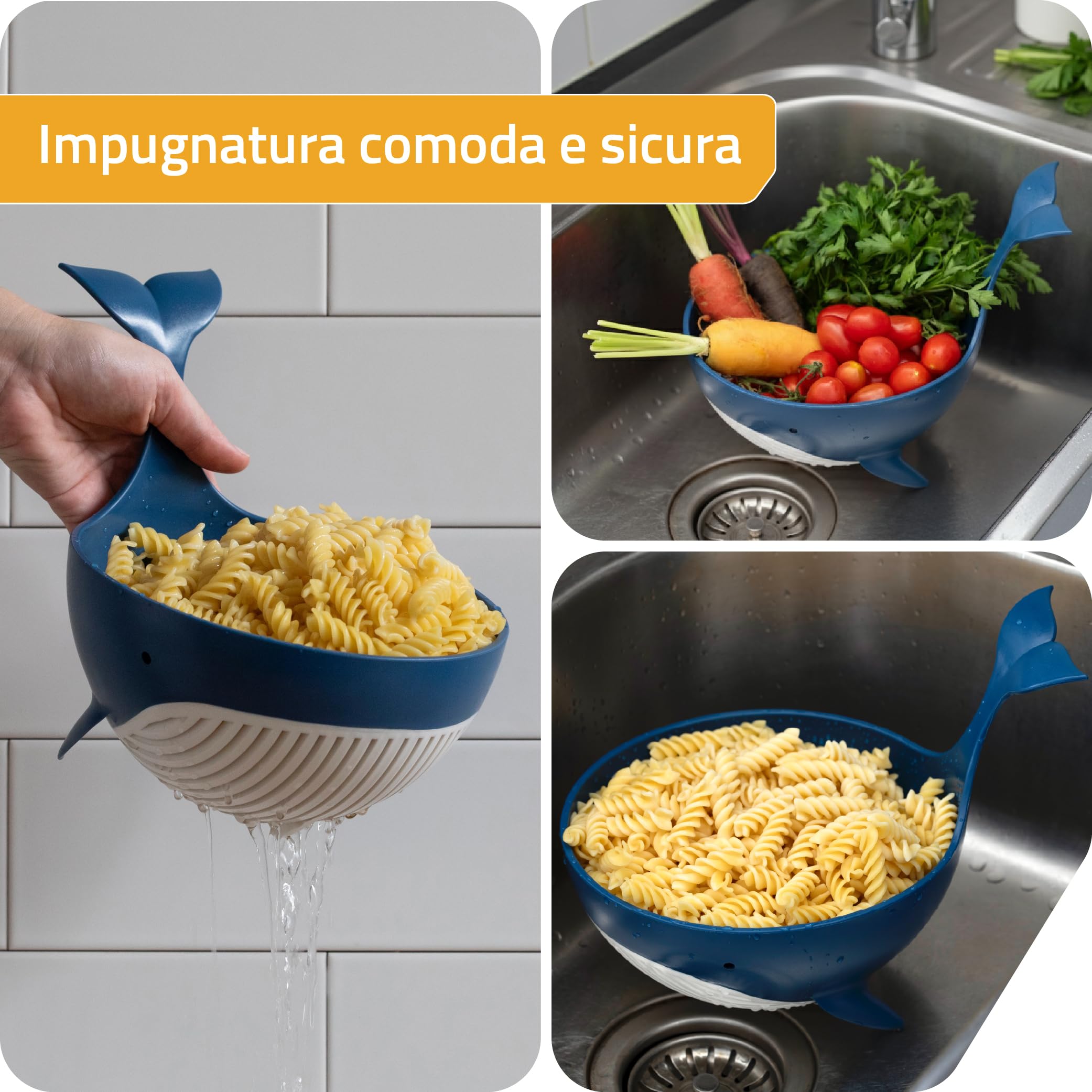 Peleg Design Pastail - Scolapasta medio in plastica a forma di balena, per scolare pasta (fino a 3 porzioni), verdure e frutta