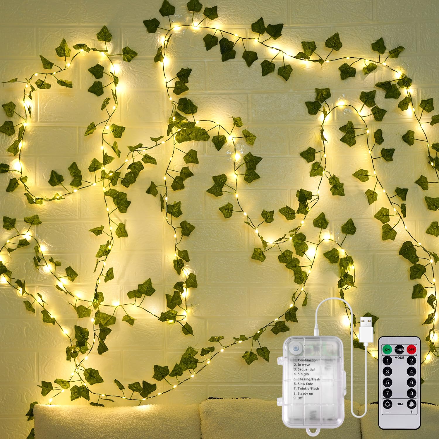 Guirlande lumineuse LED à piles 12m lierre et fleurs avec télécommande - 8