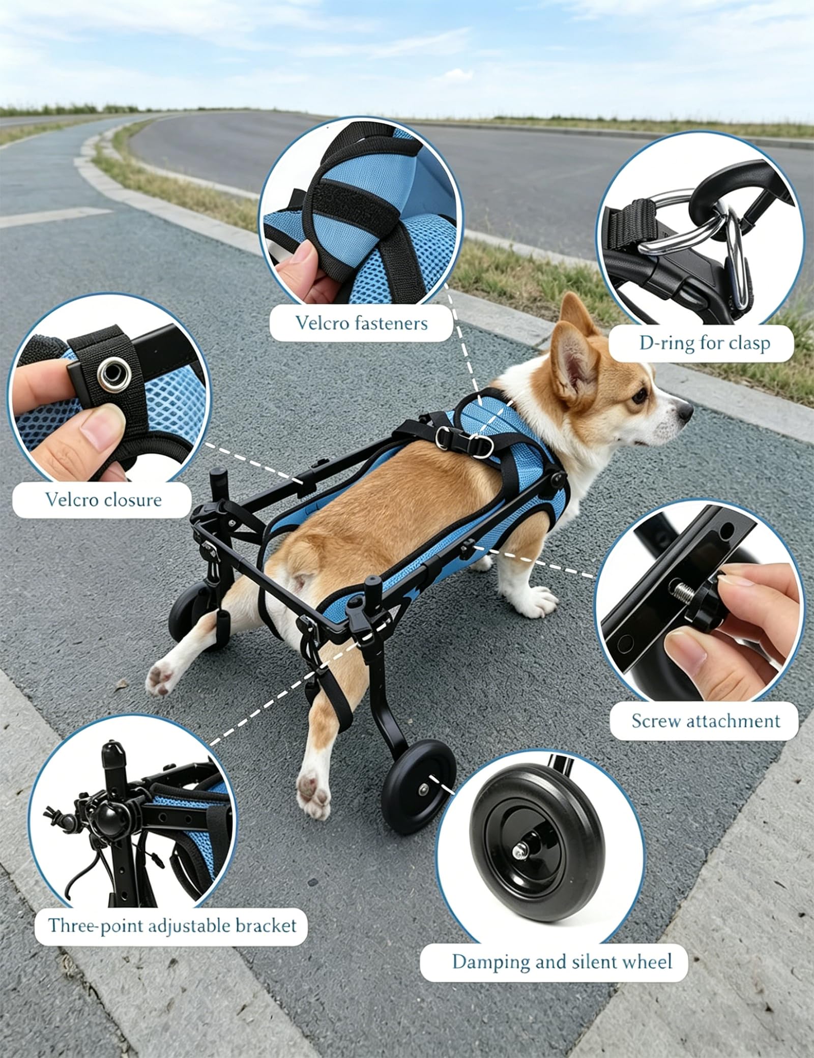 Hunderollstuhl für Hinterbeine, Verstellbarer Hunde Rollstuhl für Kleine Hunde, Leichtgewichtiger Hinterbeine zur Rehabilitation, Mobilitätshilfe für Haustiere