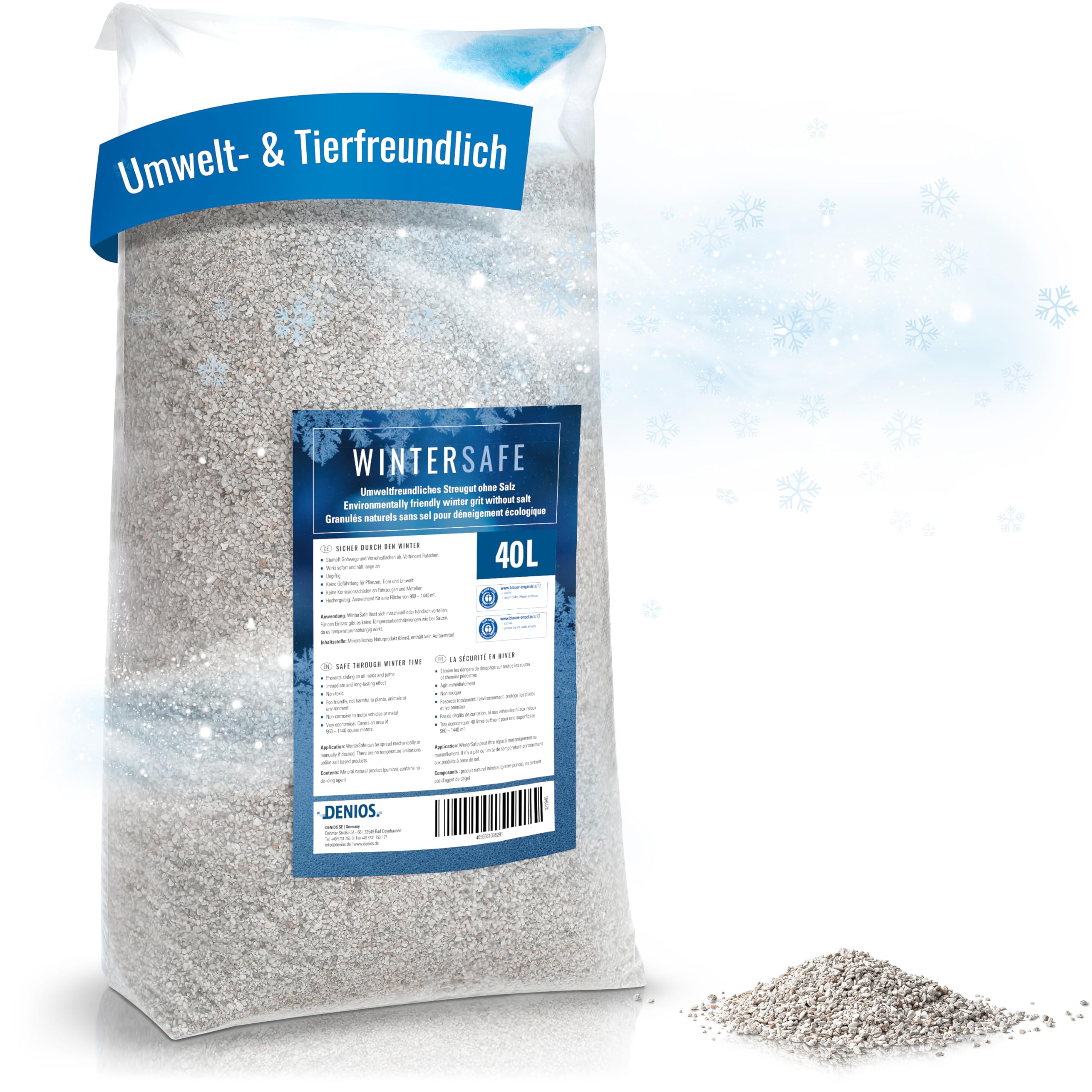 DENIOS Premium Umweltfreundliches Streukies– Besser als Streusalz, Effektiv & Haustierfreundlich – 40 L Lava-Streugut Sack für den professionellen Winterdienst – Rutschfest, Schnell & Zuverlässig