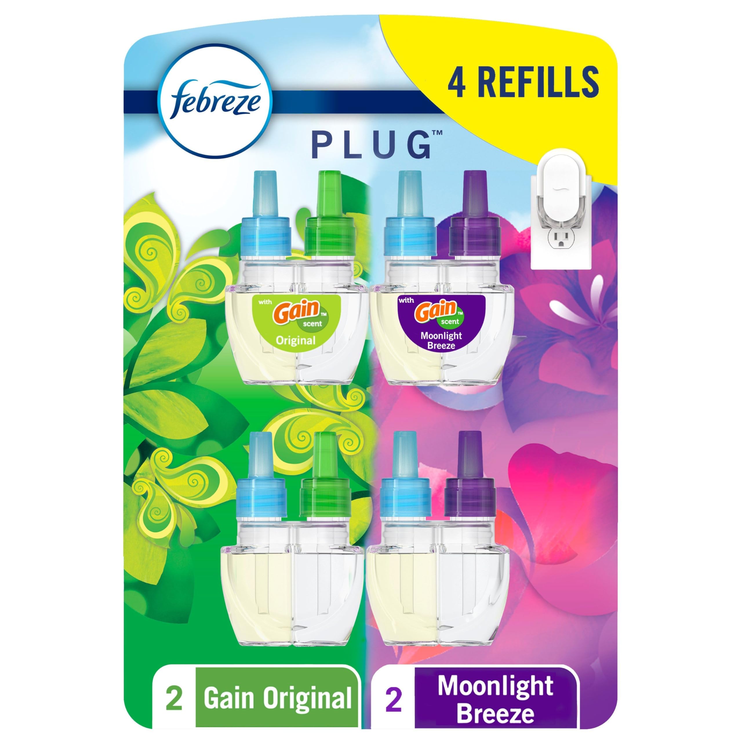 Febreze Plug In Air Freshener, Odor-Fighting Scented Oil Refill, Home and Bathroom and Kitchen, Long Lasting for Strong Odors, Gain Moonlight Breeze & Gain Original Scents, Refills, 4 Count