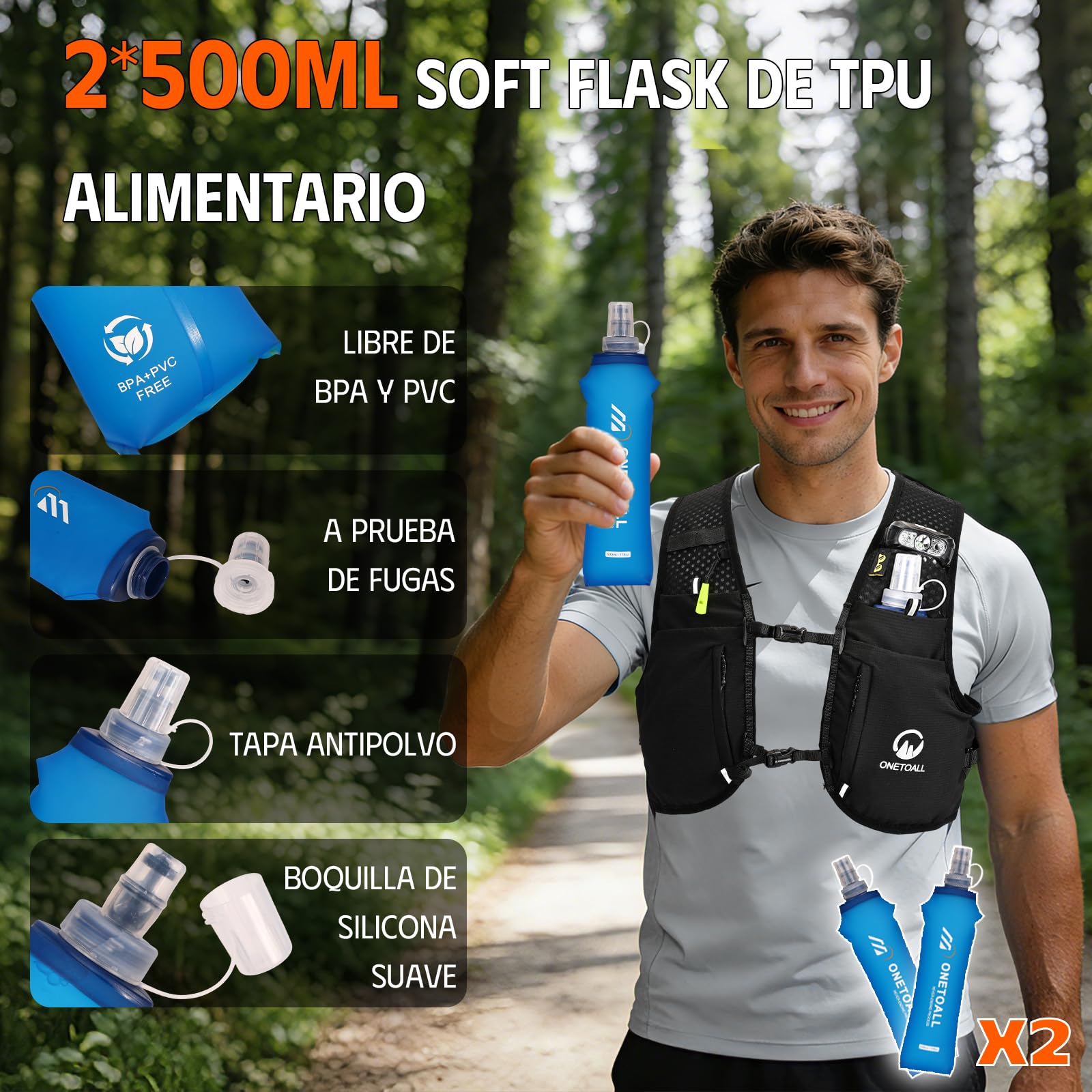 Chaleco Running Hombre Mujer con 2 Botella 500ml y Luz LED Recargable, Chaleco Hidratacion Trail Running, Mochila Hidratacion Running Vest Mochila Running para Correr Senderismo Montaña