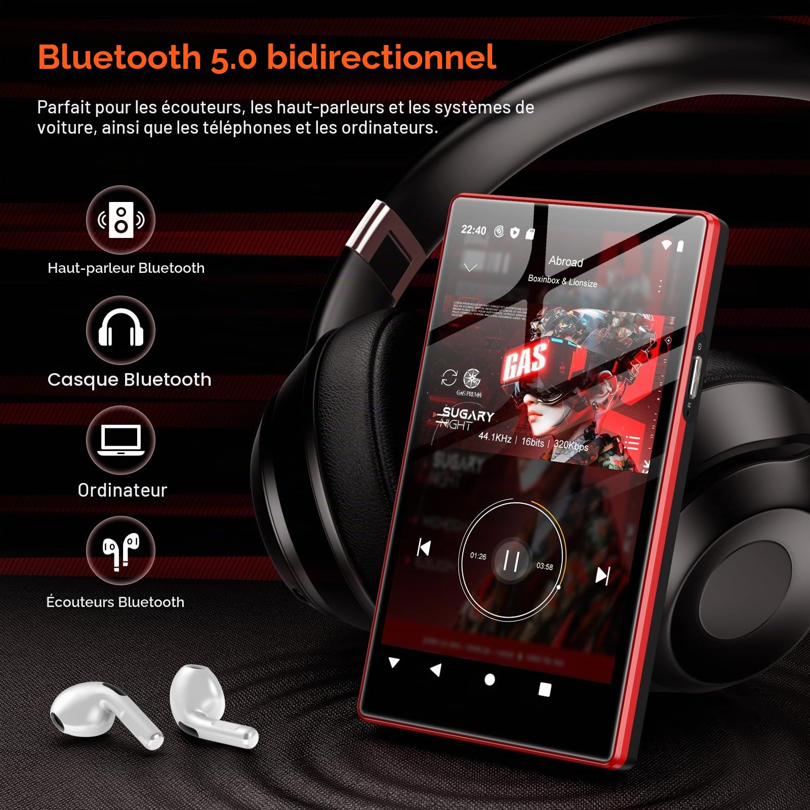 160Go Lecteur MP3 avec Bluetooth et WiFi, Oilsky 5" MP4 Player HD avec Spotify, Audible, Deezer, Lecteurs Musique Android 13 avec écran Tactile et Haut-Parleur (Noir)