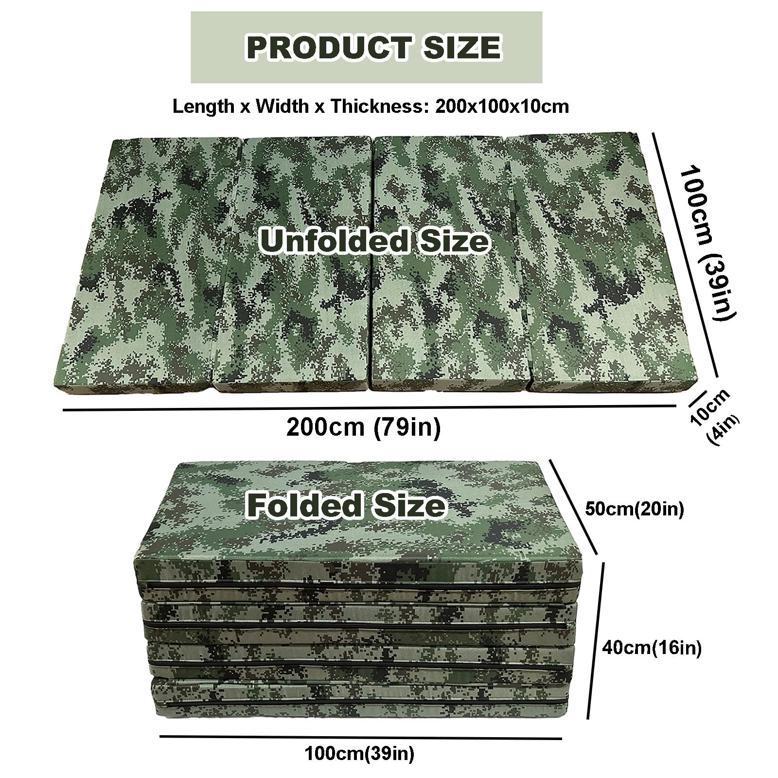 Gimnastyka Mat Tri-fold Camouflage Mat 10 Cm Grubość Wytrzymałego Szumu Oxford Tkanina Do ćwiczeń Na Siłowni, ćwiczenia Fizyczne W Szkole, Gimnastics Rolling Skilling(Size:200x100x10cm（6.6x3.3x0.3ft）)