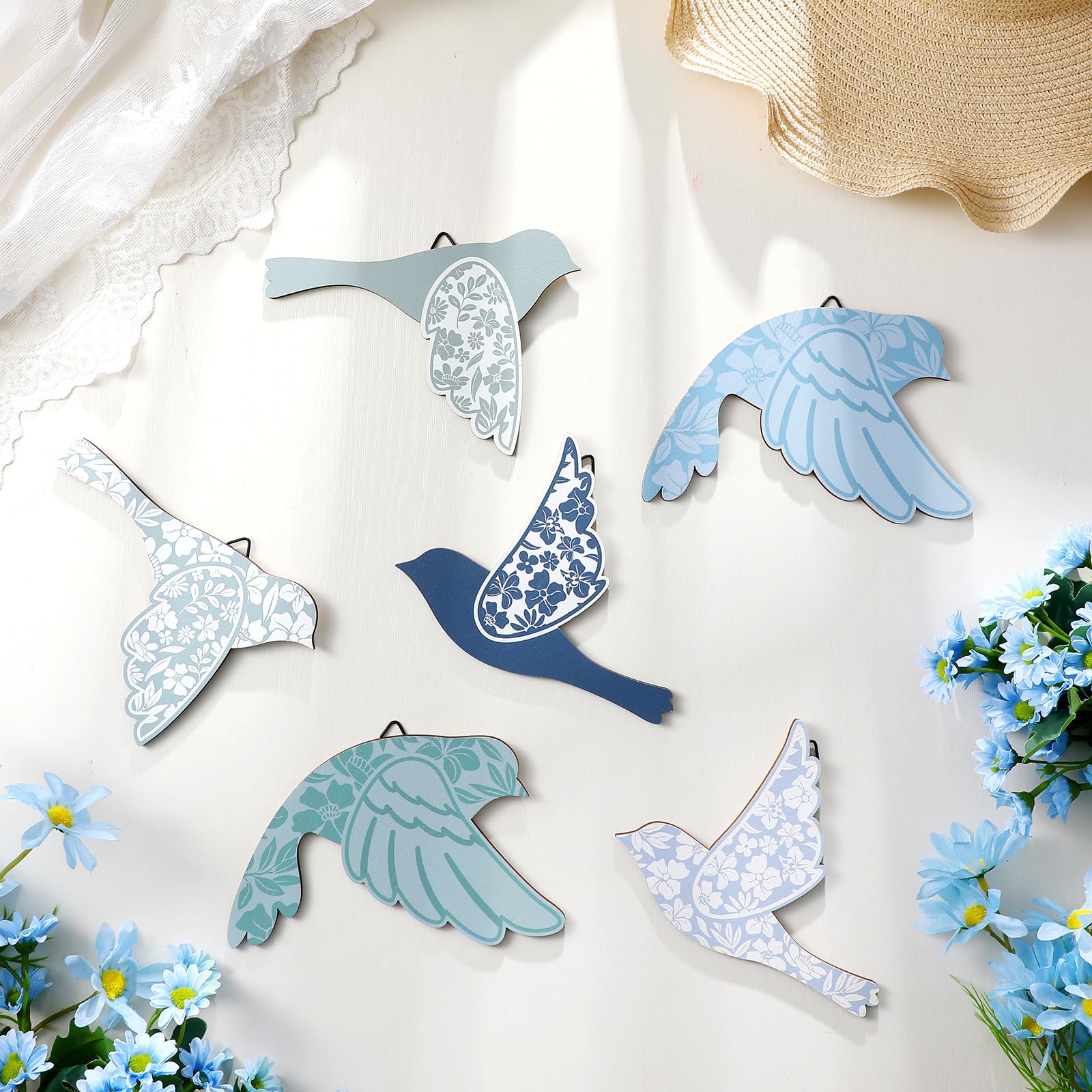 Wesiti 6 Pcs Blue Wooden Bird Wall Decor Scandinavian Wall Art Rustic Farmhouse Flying Bird Decor for Home Living Room Bedroom Decorations