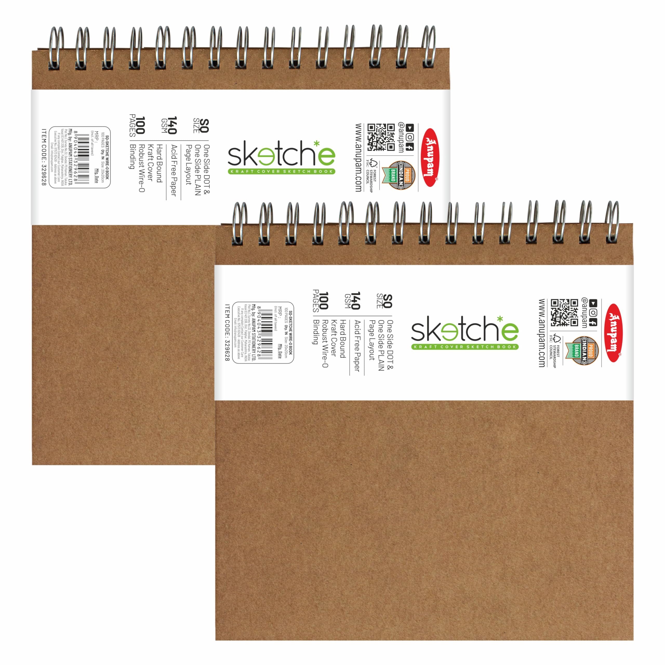 anupam SKETCHE - Blocco da disegno, formato quadrato, con rilegatura a spirale, per artisti, studenti, schizzi, 100 fogli, 140 g/m², confezione da 2, bianco