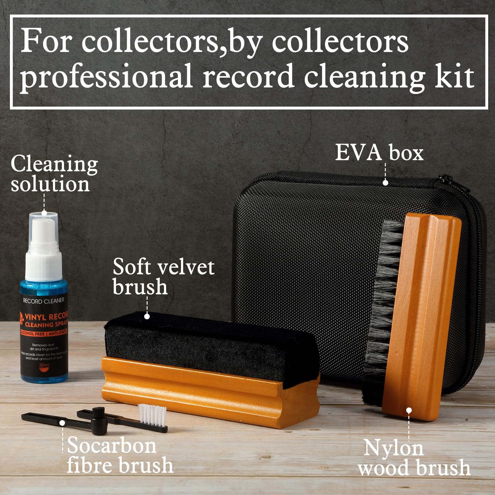 Ziliny Kit de limpieza de discos de vinilo de 6 piezas, incluye cepillo de microfibra de nailon, líquido limpiador y caja de almacenamiento, kit de cepillo de limpieza de discos de vinilo, regalo para