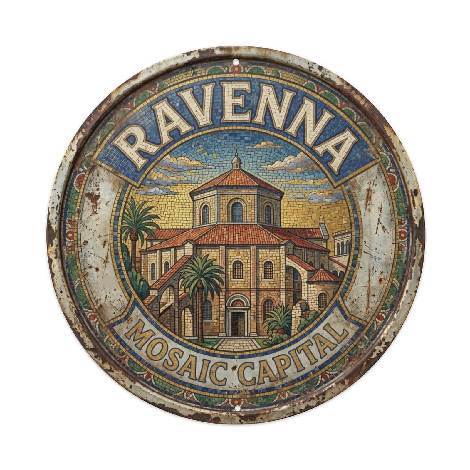 Vintage Travel Ravenna Byzantine Mosaics Metal Tin Sign Plaque Wall Decor for Cafe, Club Bar, Office, Home Garden Round Metal Poster 8x8Inch