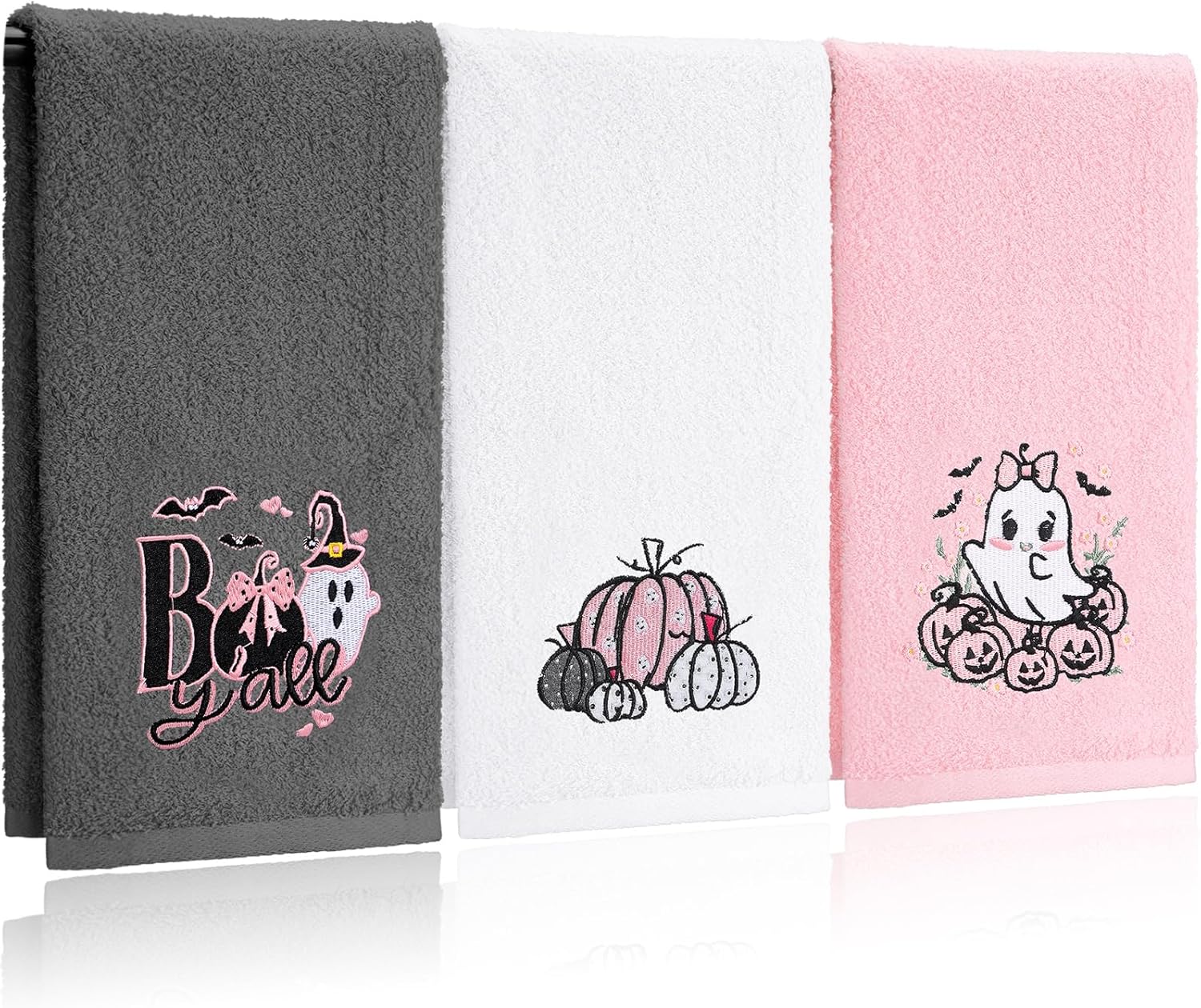 3Pcs Halloween Hand Towels Pink Ghost Pumpkin Boo Y'all Hand Towels Cute Ghost Embroidered Decorative for Bathroom Kitchen Decor Set, 100% Cotton, 13.3 x 29.5 Inches Black and White Pink Ghost Pumpkin