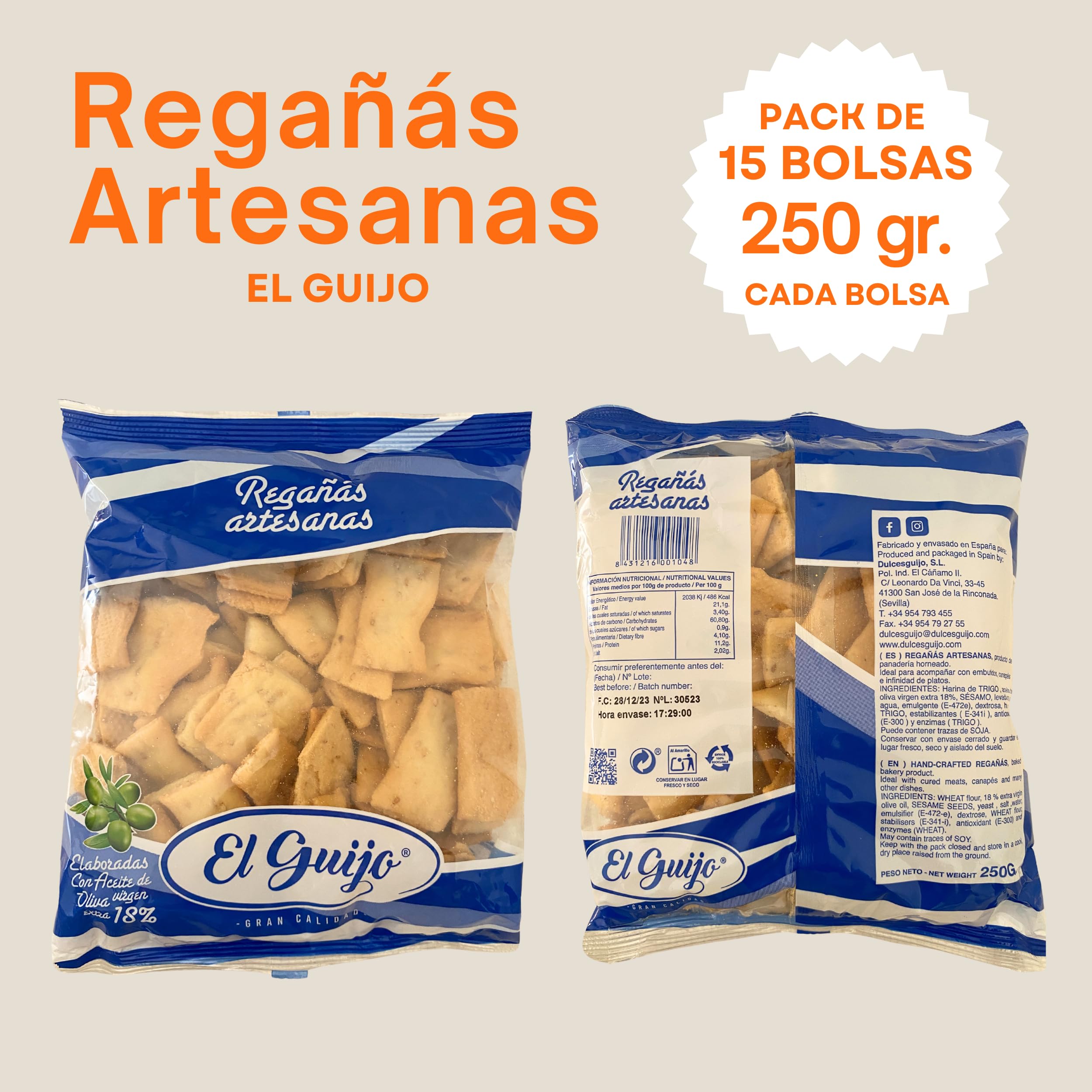 Regañá Artesana El Guijo 18% Aceite de Oliva Virgen Extra Pack 15x250g Cuadraditos Pan Crujiente