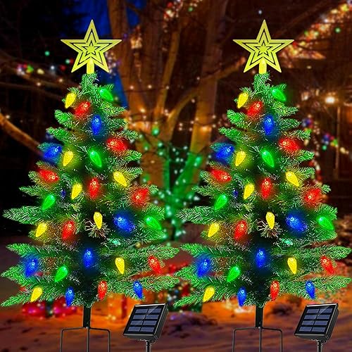 2-Pack 3.6FT Solar Christmas Tree Outdoor Christmas Decorations, 8 Modes Solar Xmas Tree Lights with 100 LED, Waterproof Solar Christmas Lights for Yard Front Porch Pathway Grave Cemetery Decor