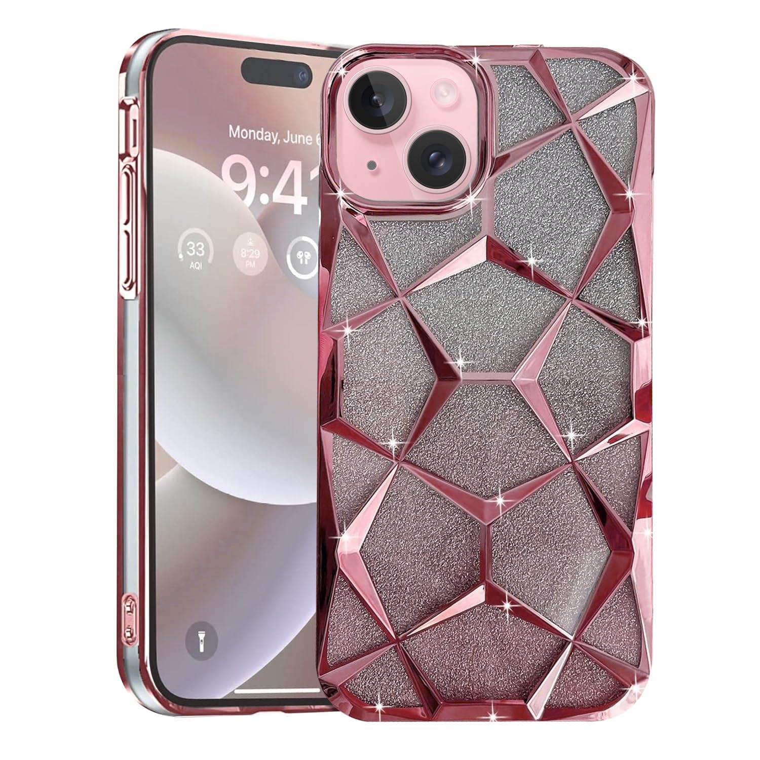 - VONZEE Gradient Glitter Case for iPhone 15 Plus, Luxury Electroplated 3D Cube Diamond Bling Clear Soft TPU Shockproof Protective Cover for Women & Girls (Pink)