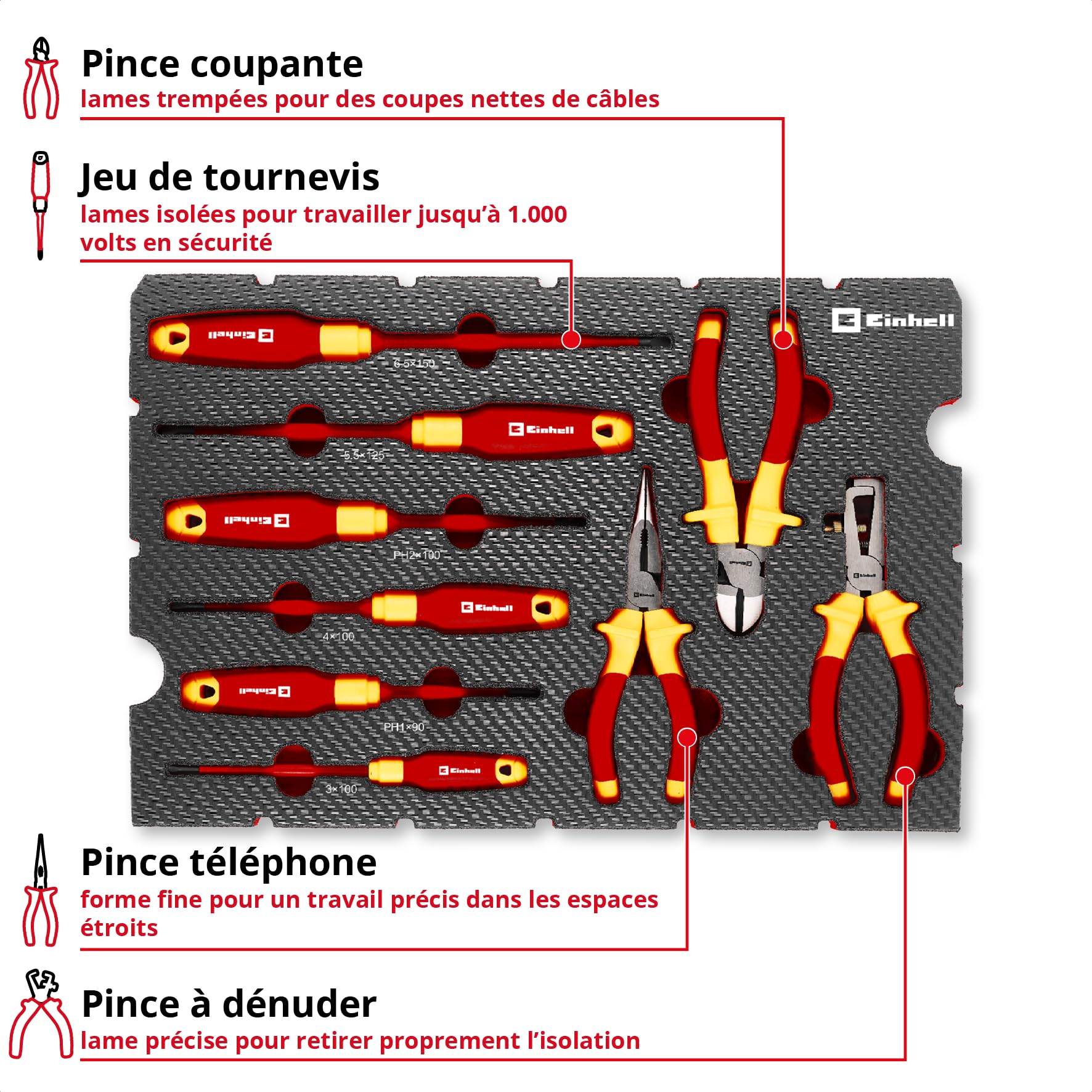 Original Einhell E-Case Pad 9 pièces outils électricien (isolation testée IEC 60900, set de tournevis, pince coupante, pince à dénuder, pince à bec long, système E-Case)