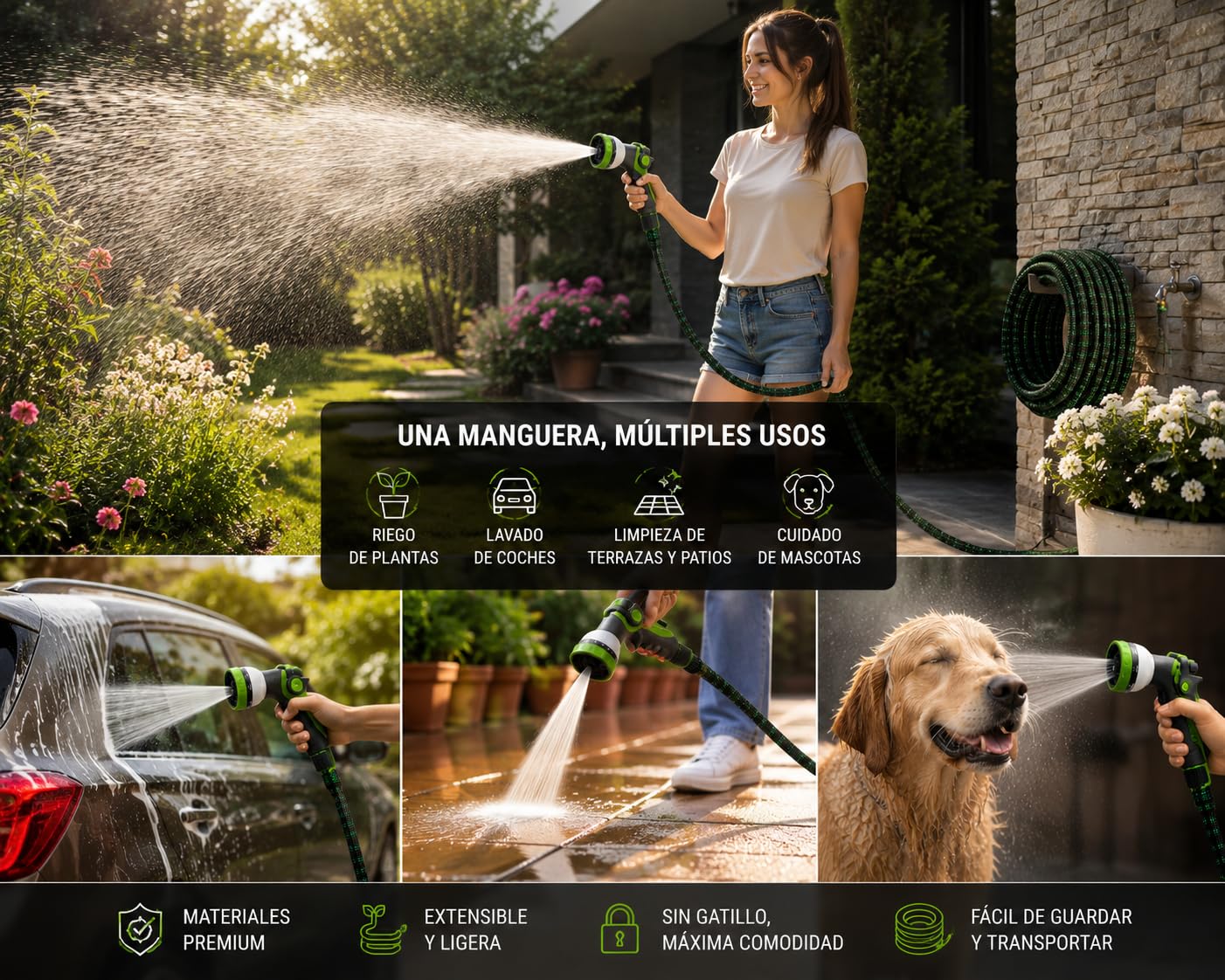 Manguera Extensible Jardín 7,5 m con Pistola de Riego Premium de 7 Modos, Conectores de Latón 1/2 y 3/4, Resistente y duradeea. Manguera agua flexible Reforzada Antifugas Alta Presión.