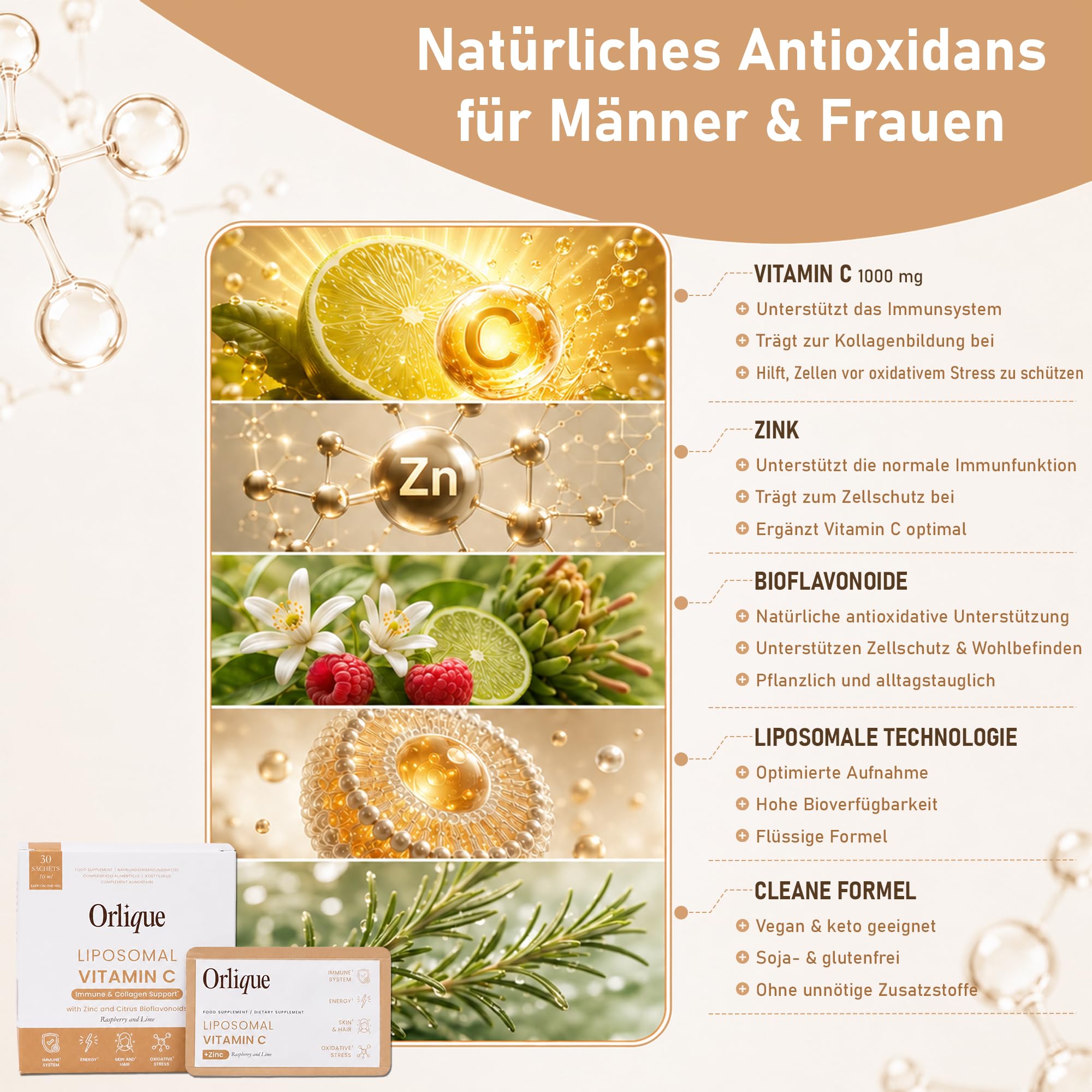 Liposomales Vitamin C 1000 mg Hochdosiert Flüssig Mit Zink & Bioflavonoiden - Hohe Bioverfügbarkeit Immunsystem Unterstützung - Vegan & Keto Geeignet - 30 Sachets - Soja- & Glutenfrei