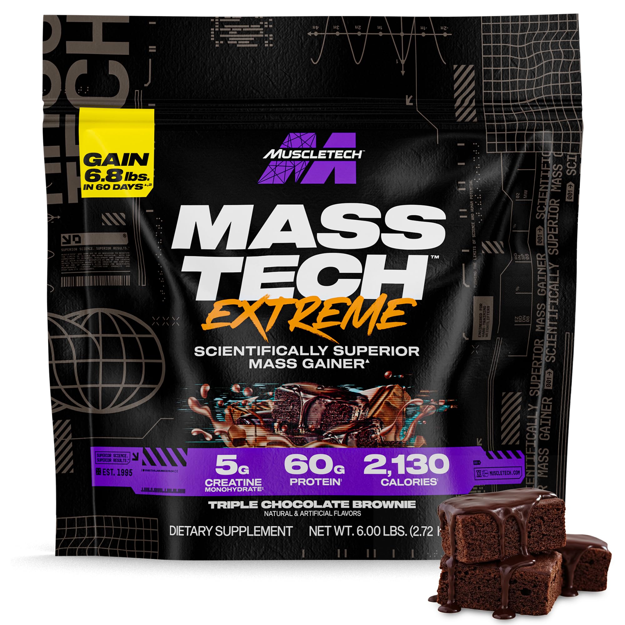 MuscleTech Mass Tech Extreme 2000 High Protein Mass Gainer Enhance Muscle Size & Strength, Increase Performance & Supports Muscle Recovery for Men & Women, Triple Chocolate Brownie Flavor, 6.00 lbs