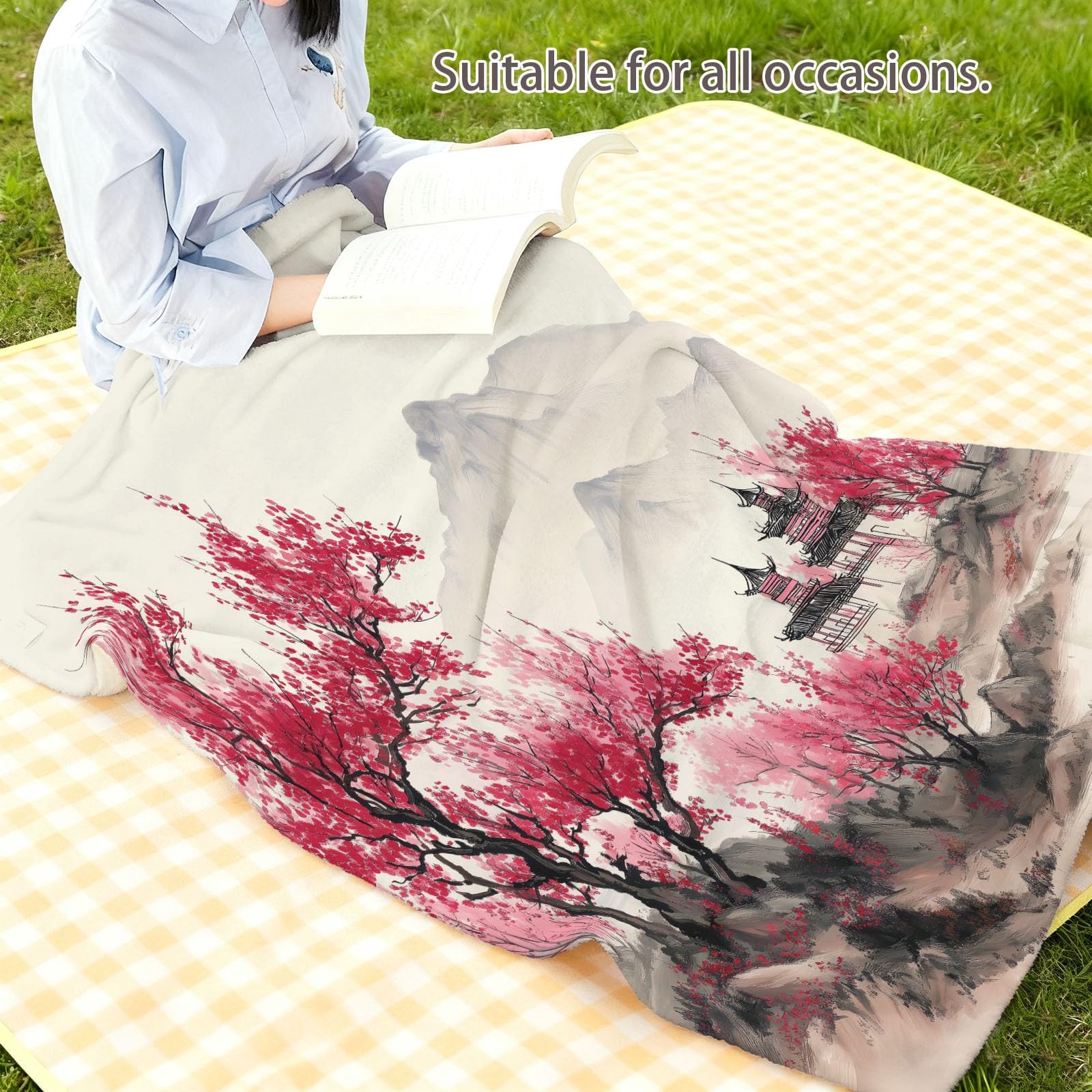 Peinture À L’Encre Chinoise Couverture Plaid Polaire Chaude 180 x 200 cm Montagnes Pagode Fleurs De Cerisier Couverture Imprimée pour Canapé Sofa Lit Voyager - Beige Plaid en Flanelle Doux Convient