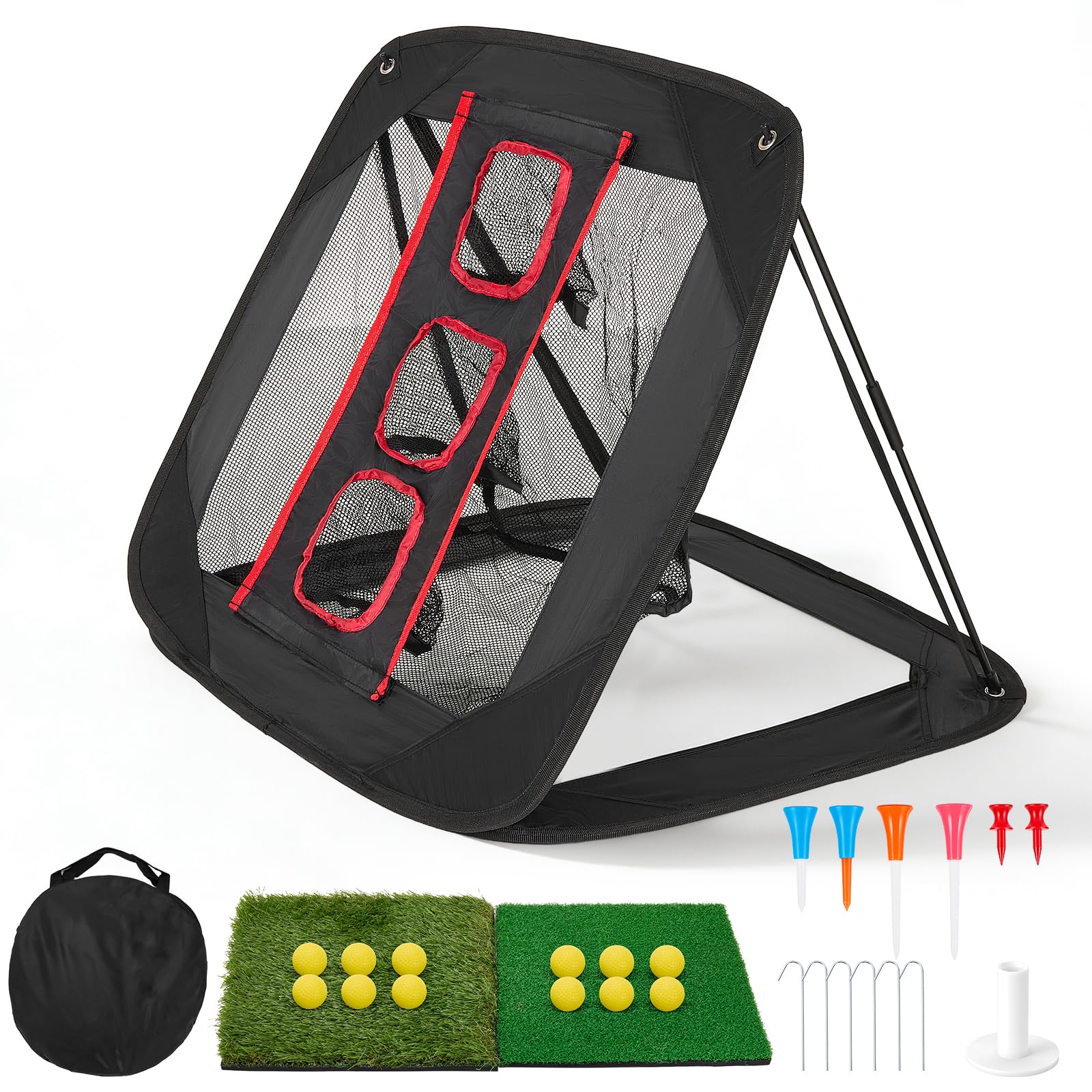 Golf Chipping Net,Portable Pop Up Practice Net with 2 Turf Mats, 12 Colorful Balls & Tees, 3 Target Heights for Backyard & Indoor, Golf Training Aid for Men Women, Gift Idea for Golfs Lovers