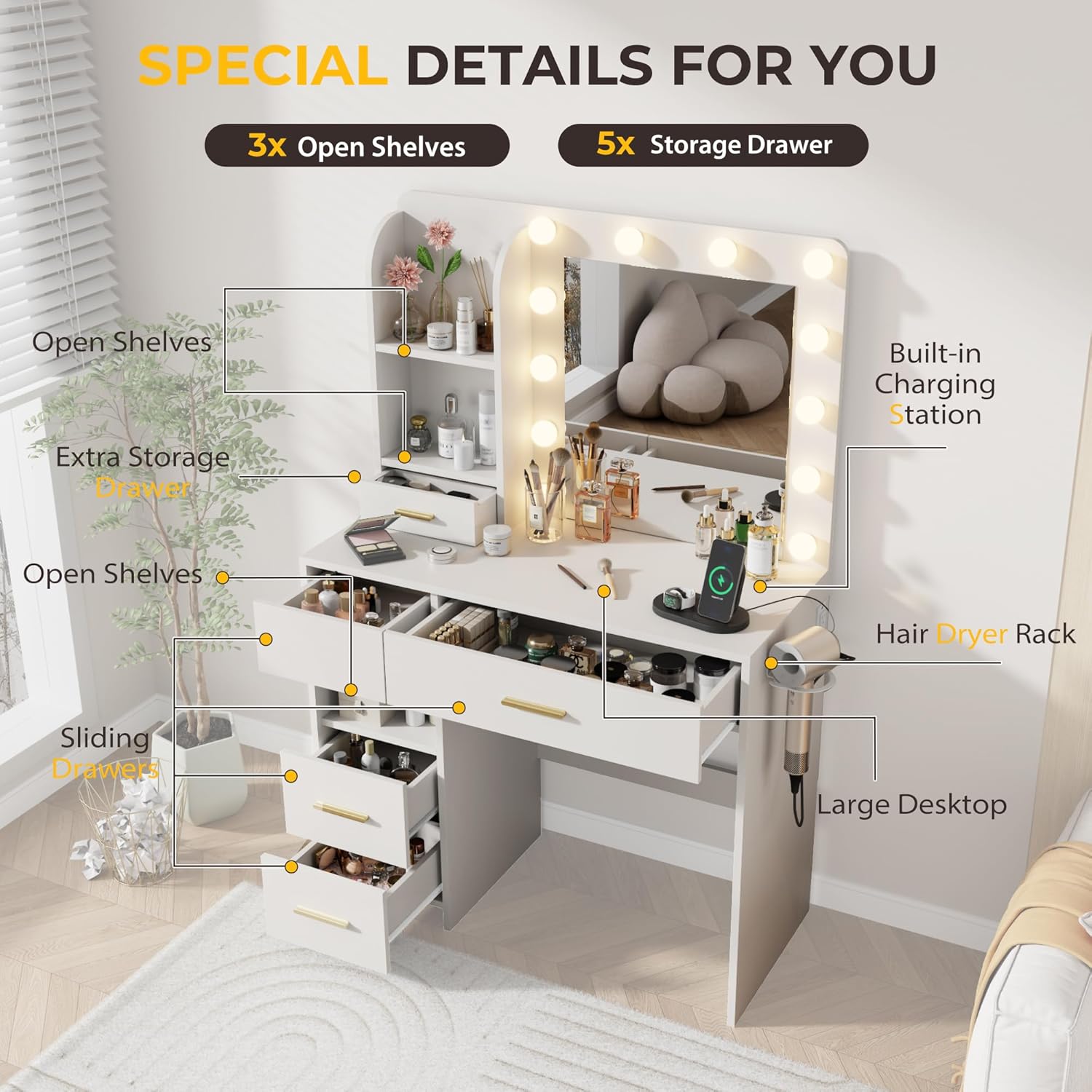 Vanity Desk with LED Lighted Mirror&Power Outlet, 3 Lighting Colors Makeup Vanity with 5 Large Drawers and 3 Storage Shelves, Vanity with Storage Stool for Bedroom, White