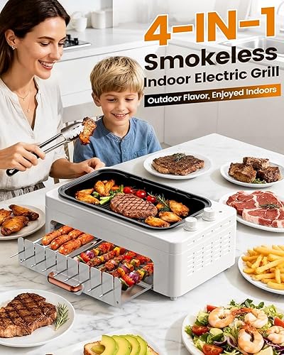 Miniatura 2 de Parrilla eléctrica 4 en 1 para interiores sin humo para el hogar, parrilla eléctrica de encimera con sartén y rejilla extraíble + brochetas