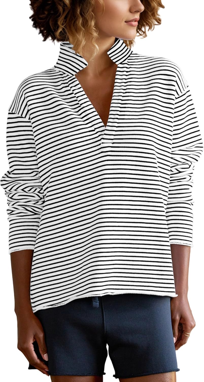 MISSACTIVER Womens V Neck Striped Sweatshirt Long Sleeve Collared Henley Shirts Fall Loose Fit Pullover Tops