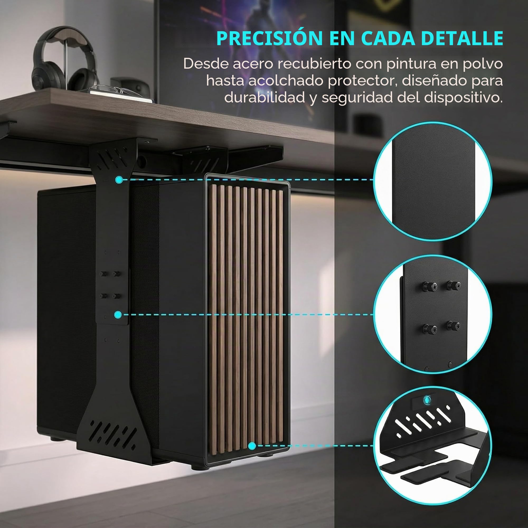 Soporte para PC debajo del escritorio, carcasa de computadora resistente de hasta 35 kg, soporte para carcasa de computadora ajustable (Negro)