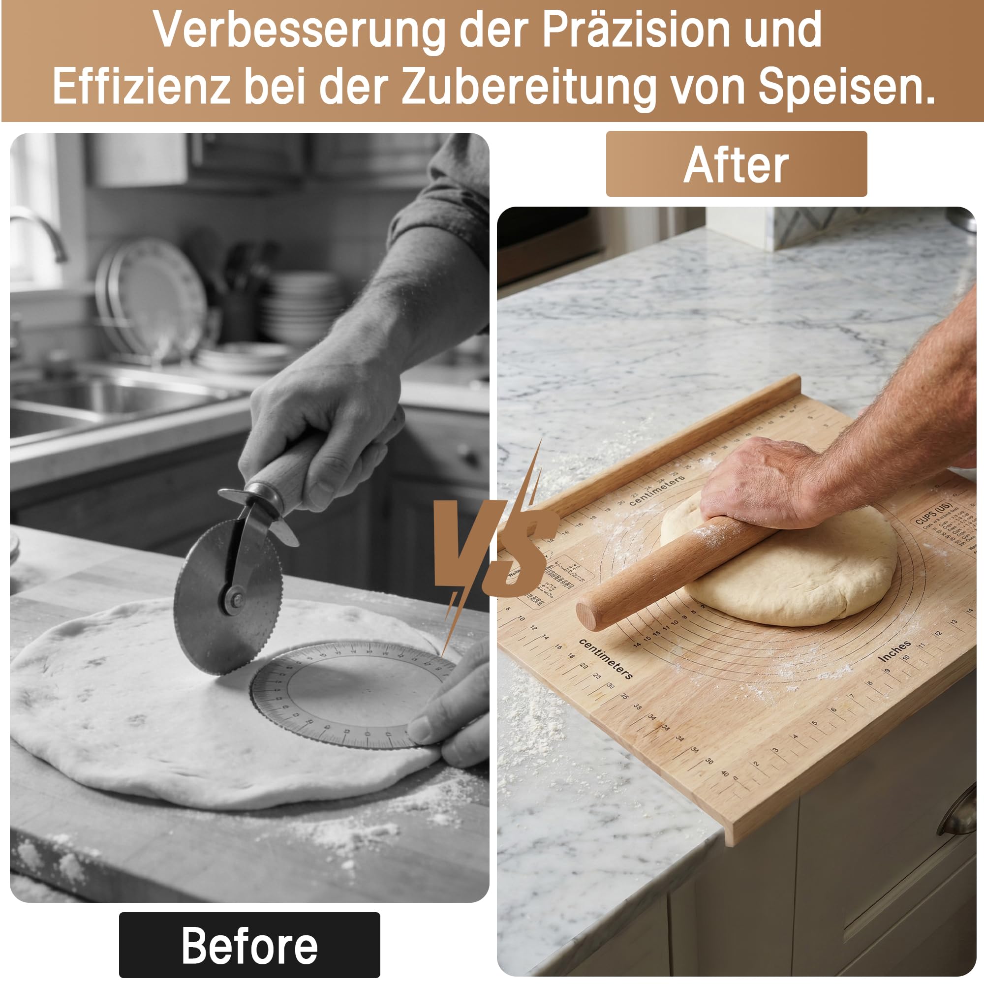 Schneidebrett Holz mit Skalenlinien 50×60cm×1,5cm Brotbretter mit Nudelholz aus Holz Küchenbrett mit Anschlagkante Frühstücksbretter für Arbeitsplatte Küche, Bar, Restaurants