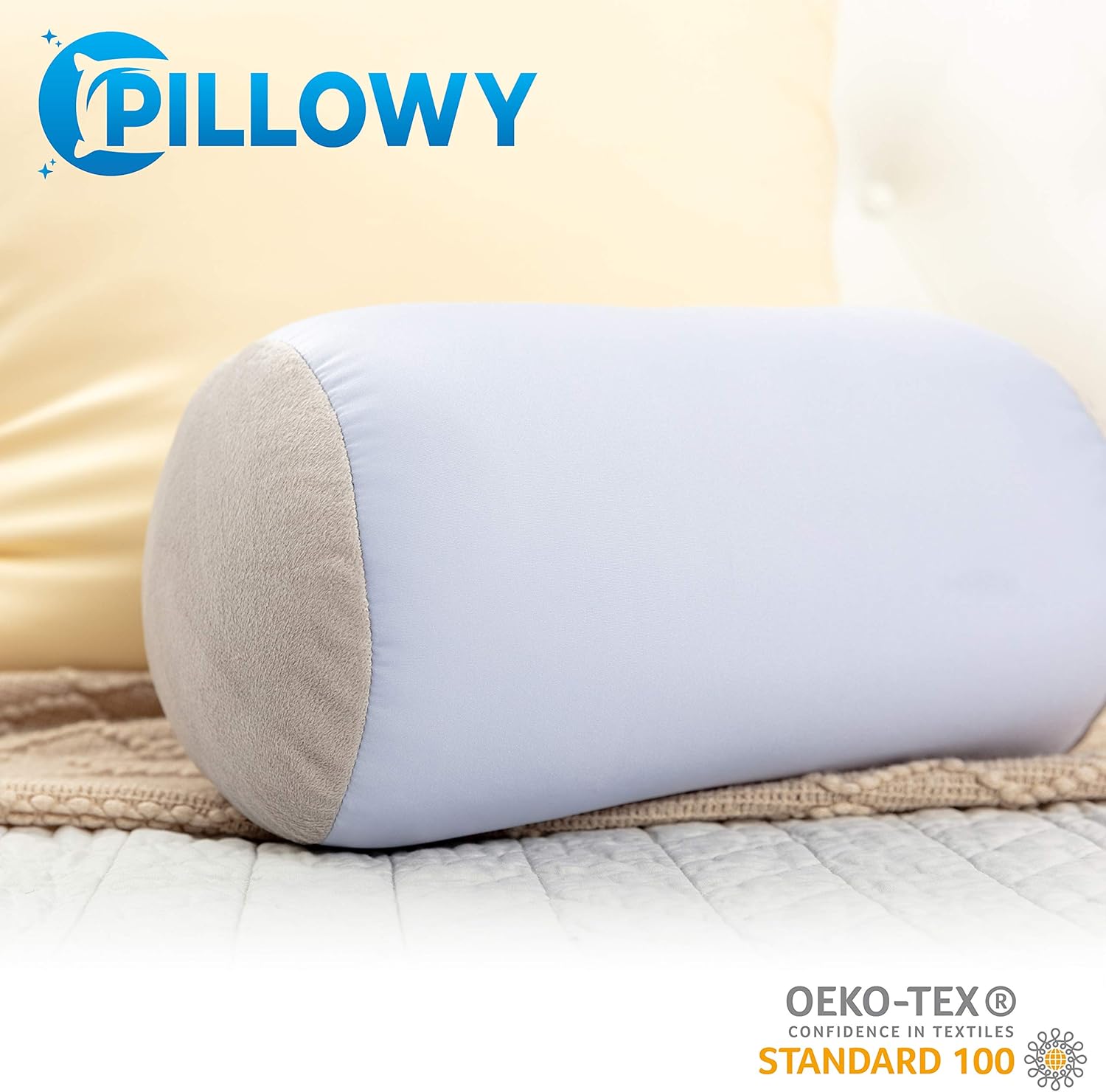 Microbead Bolster Neck Roll Pillow, Gently On Body, Head, Neck & Shoulders No Pain Rest, Relax Sleep - Silky Feel Prevent Wrinkles & Hair Breakage - Lightweight Cylinder Tube, 14" x 8", Silver Mist