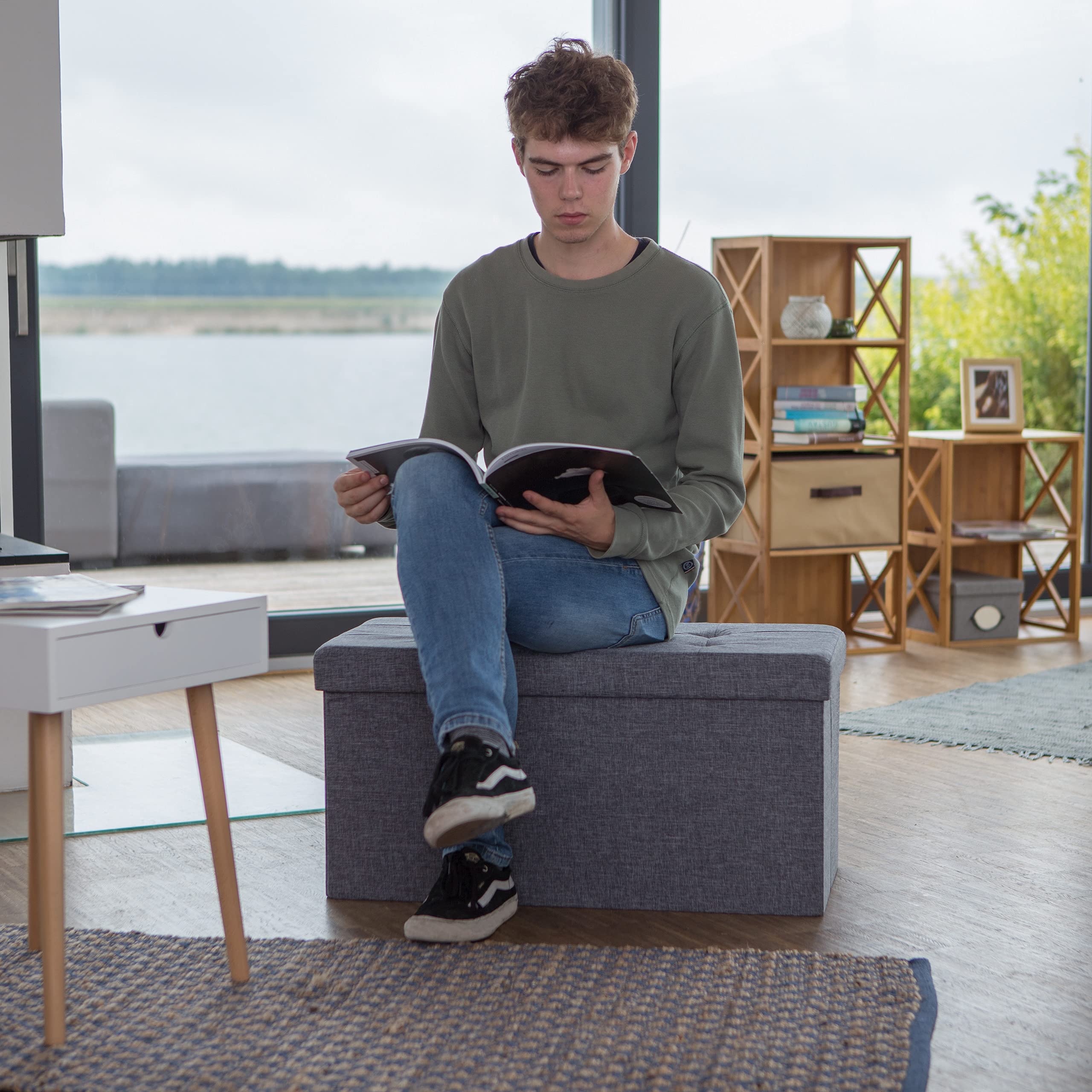 Relaxdays Banco otomano Plegable XL, Resistente, Taburete Plegable con Tapa extraíble, 38 x 76 x 38 cm, Gris Oscuro