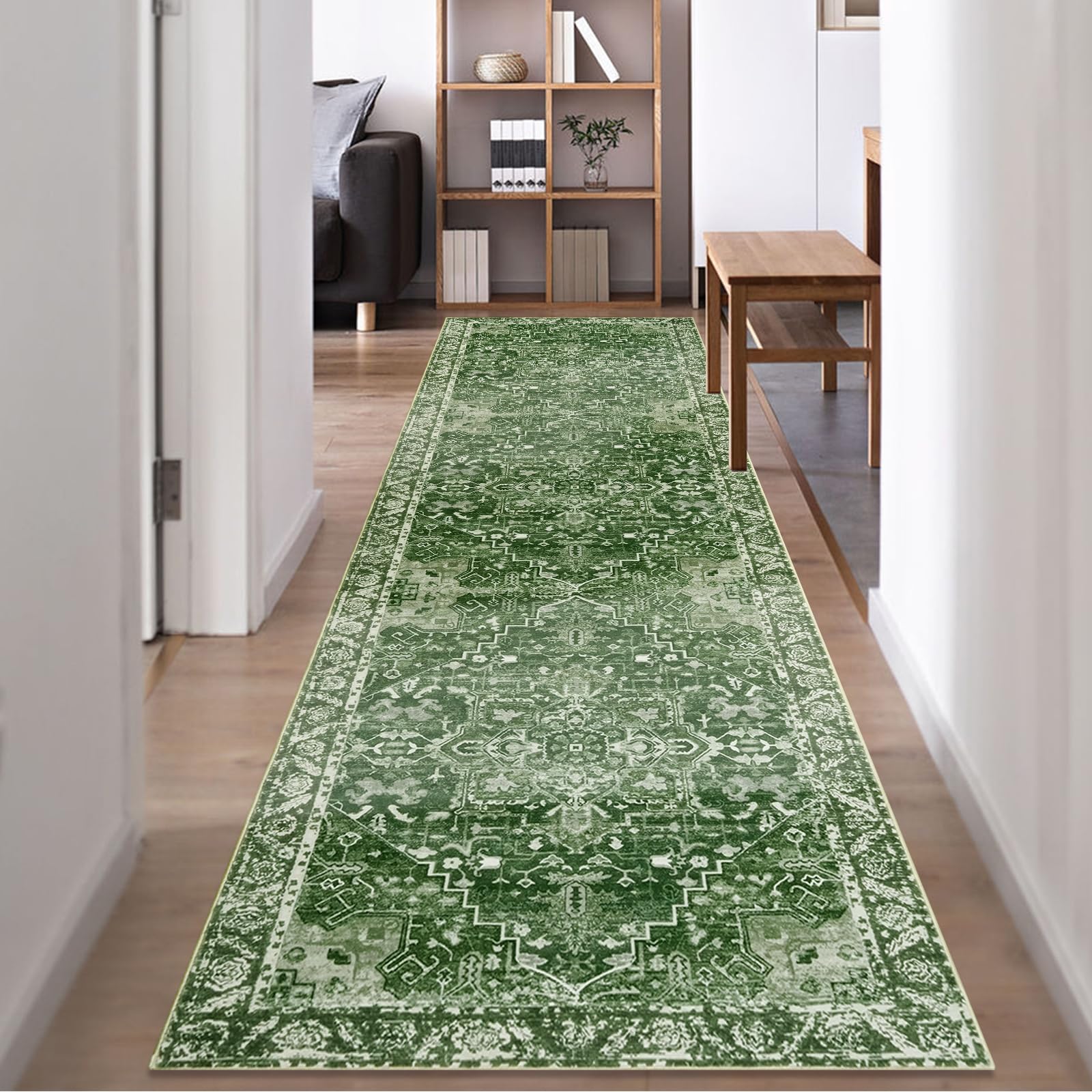 Famibay Runner Hallway 80 x 300 cm Long Kitchen Runner Washable Rug Soft Non-Slip Beige Green Vintage Boho Hallway Rug Runner Bedroom Office Entrance Area — image 1
