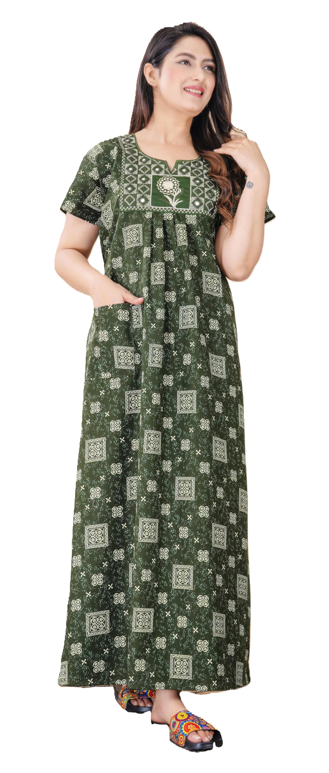 Pure Cotton Embroidery Nighty for Women's | Night Gown | Nighty | Nightdress | Maxi | Sleepwear | Jaipuri Nighty | Nighties | Cotton Night Gown with a Pocket and Adjustable Knot (Size Free)