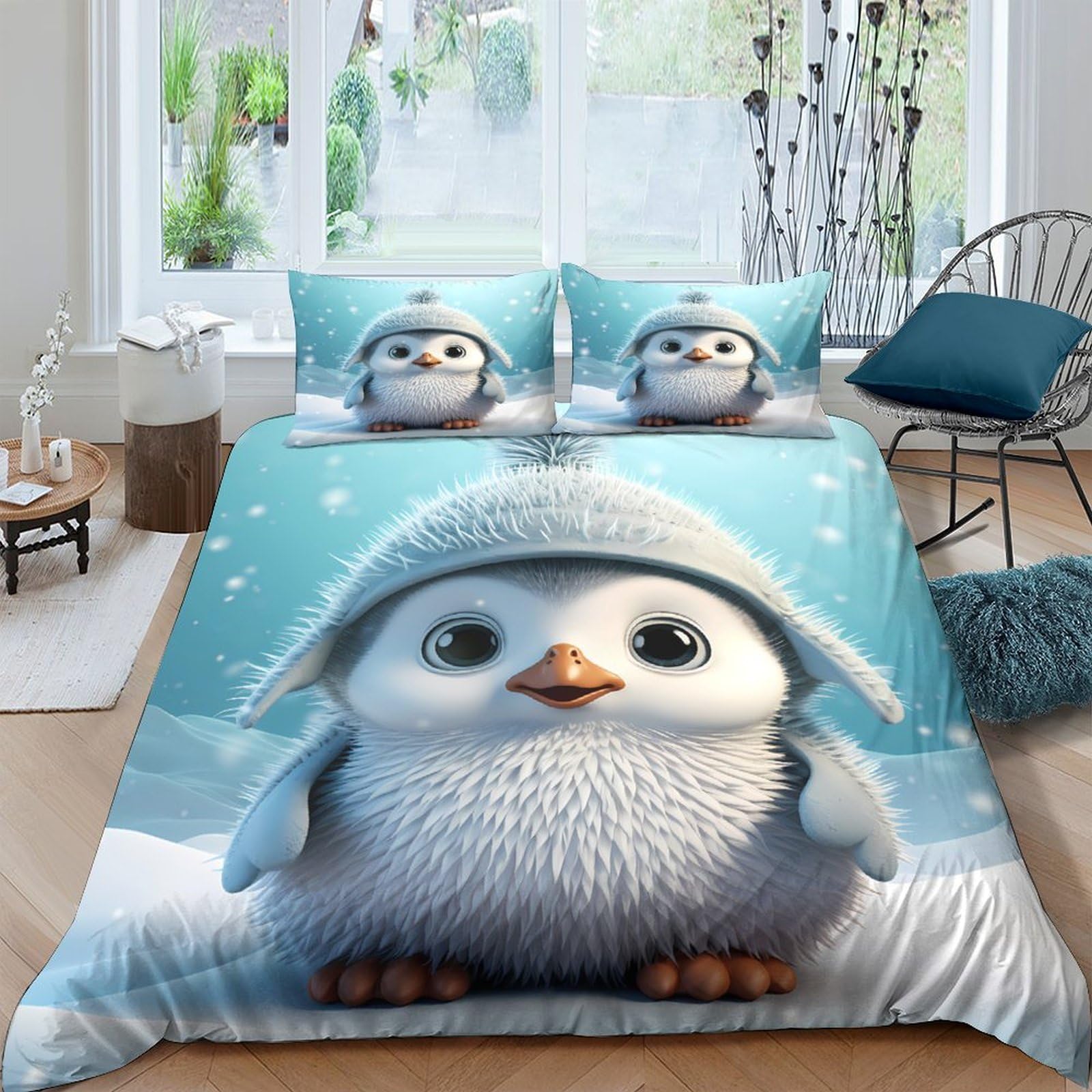 Ctjqhvkz Style-9 3D Printed Cute Penguin Fitted Sheet Microfiber Soft Anti-Slip Snowy Winter Mattress Cover For Bedroom Decor Single（135X200cm）