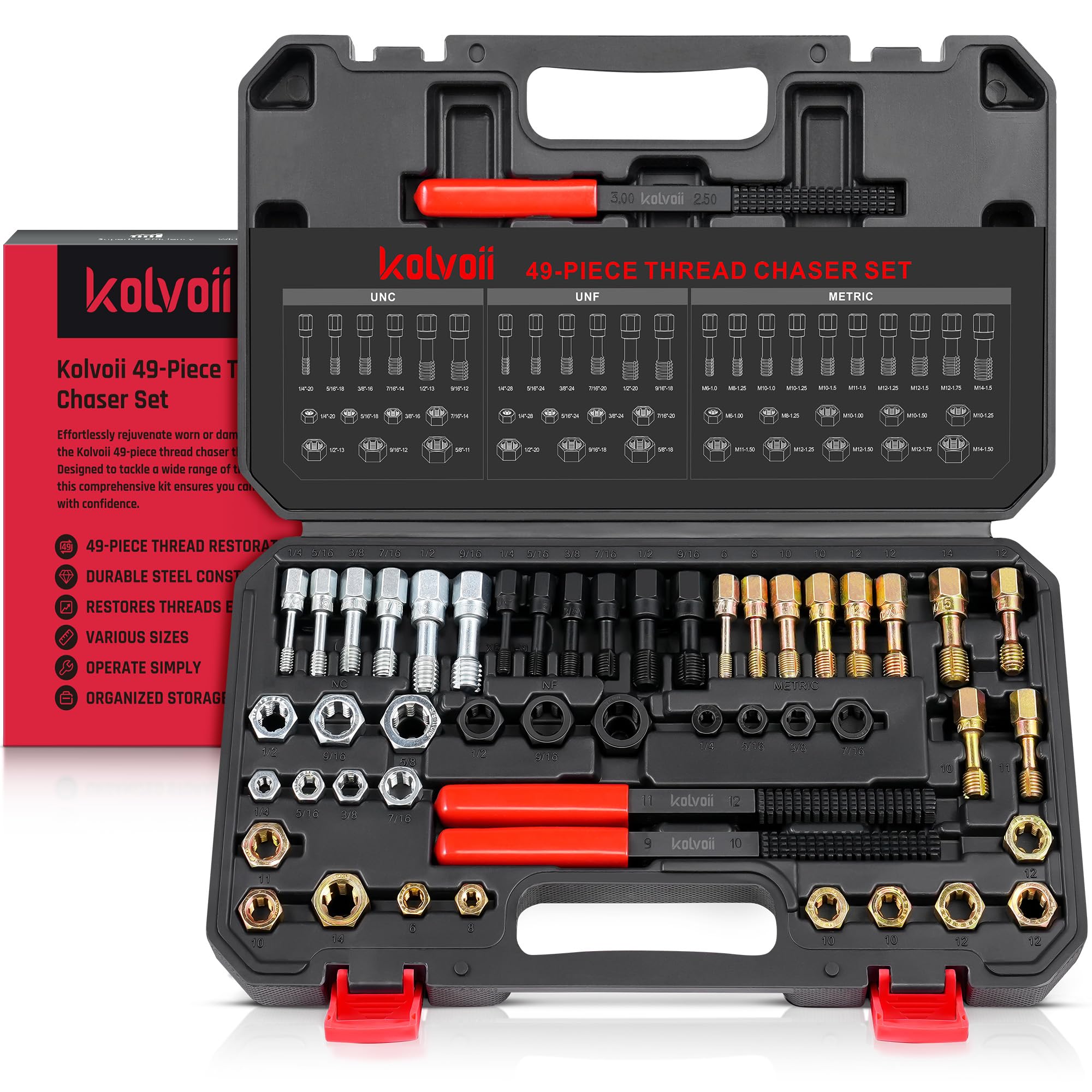Kolvoii Kit de 49 piezas de rosca, kit de reparación de roscas métricas y SAE con grifos, troqueles y limas - UNC, UNF, pernos dañados de rerosca métrica, tuercas y agujeros, codificados por colores