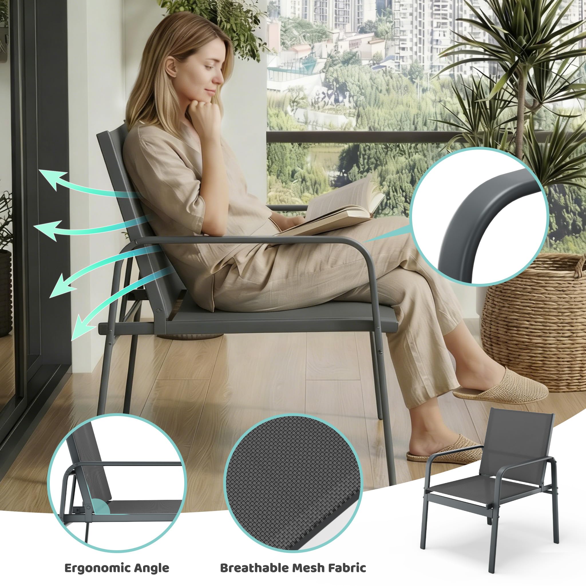 Mondeer Salon de Jardin Exterieur 4 Personnes pour Extérieurs, Gris Foncé | Mobilier de Jardin 4 pièces avec 2 Places 2 fauteuils 1 Table Basse, Métal et Textilène, pour Terrasse Balcon
