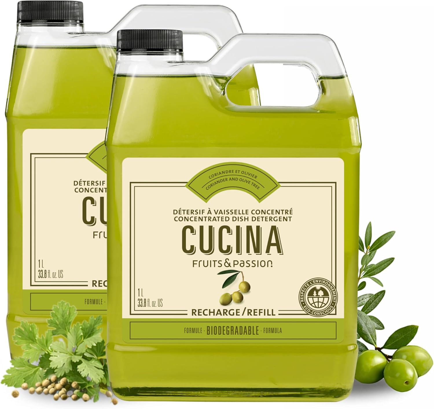 Cucina Dish Detergent Refill, Coriander and Olive Tree Scent, Concentrated Formula, Biodegradable, 33.8 fl oz (1 L) Bottles, 2 Pack, Fruits & Passion