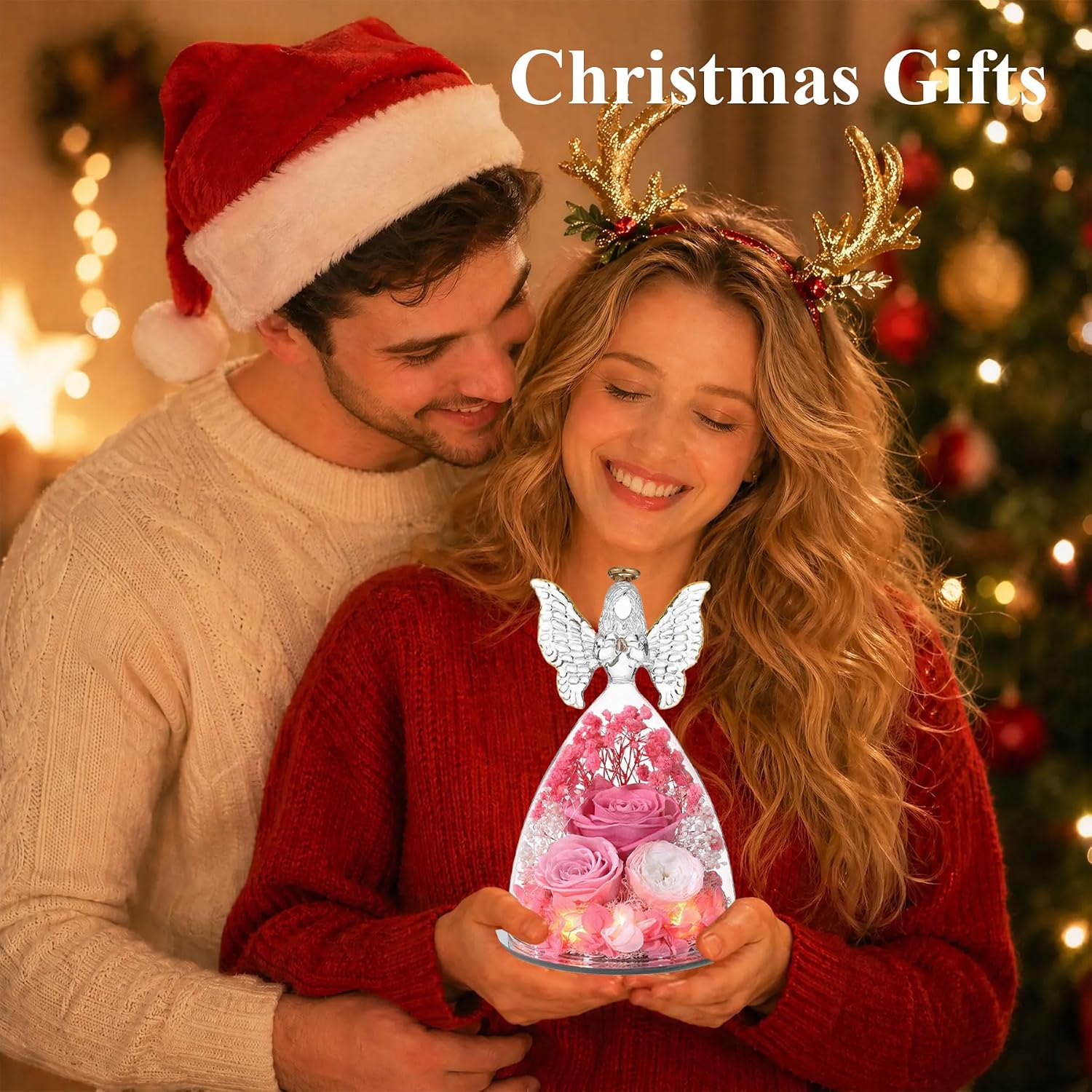 Ocosy Mothers Day Rose Gifts, Large Angel Rose Gifts for Women, Forever Real Roses in Angel Figurines, Angel Guardian with Roses Flower, Austin Pink
