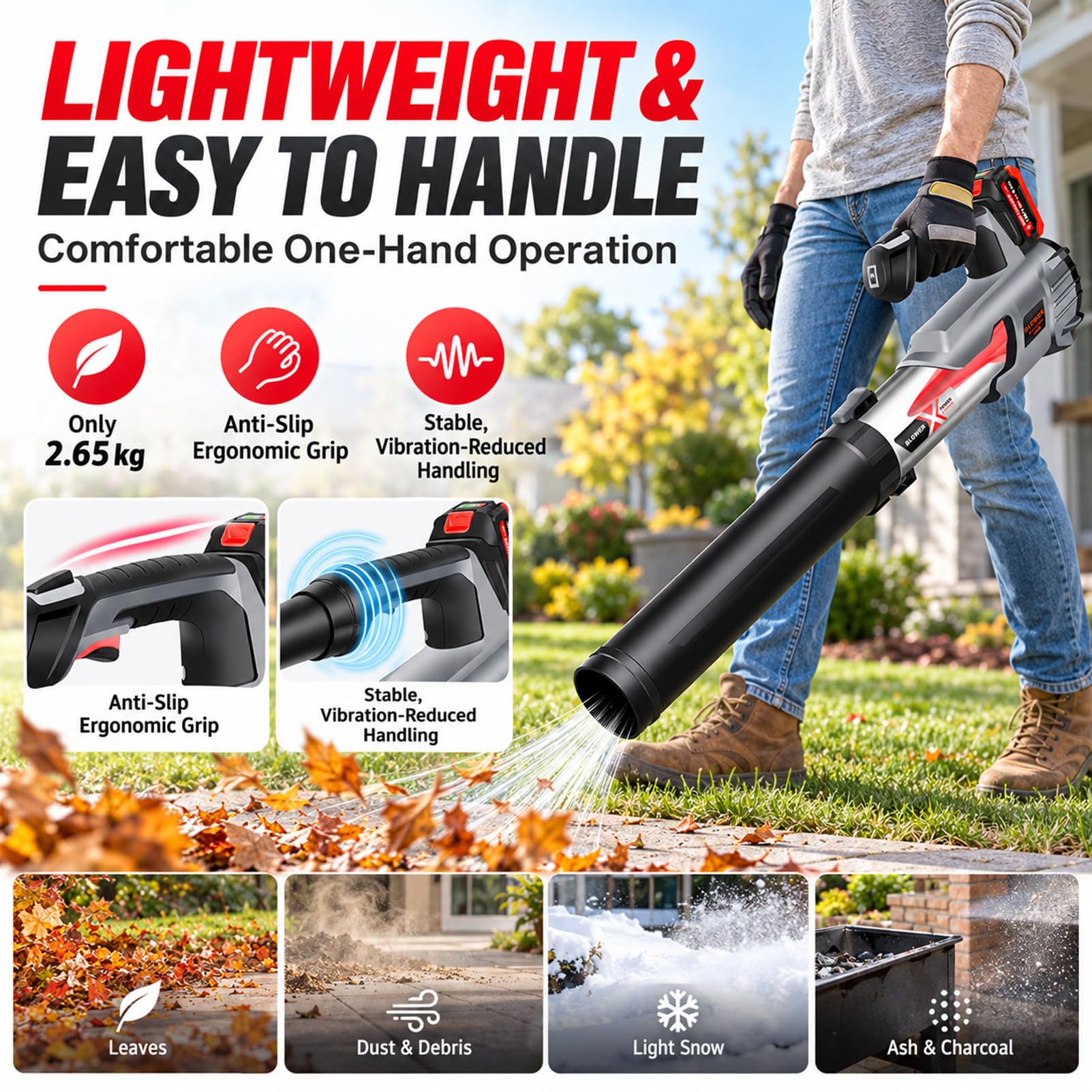 Soplador De Hojas Inalámbrico para Jardín con 2 Baterías 4000 Mah