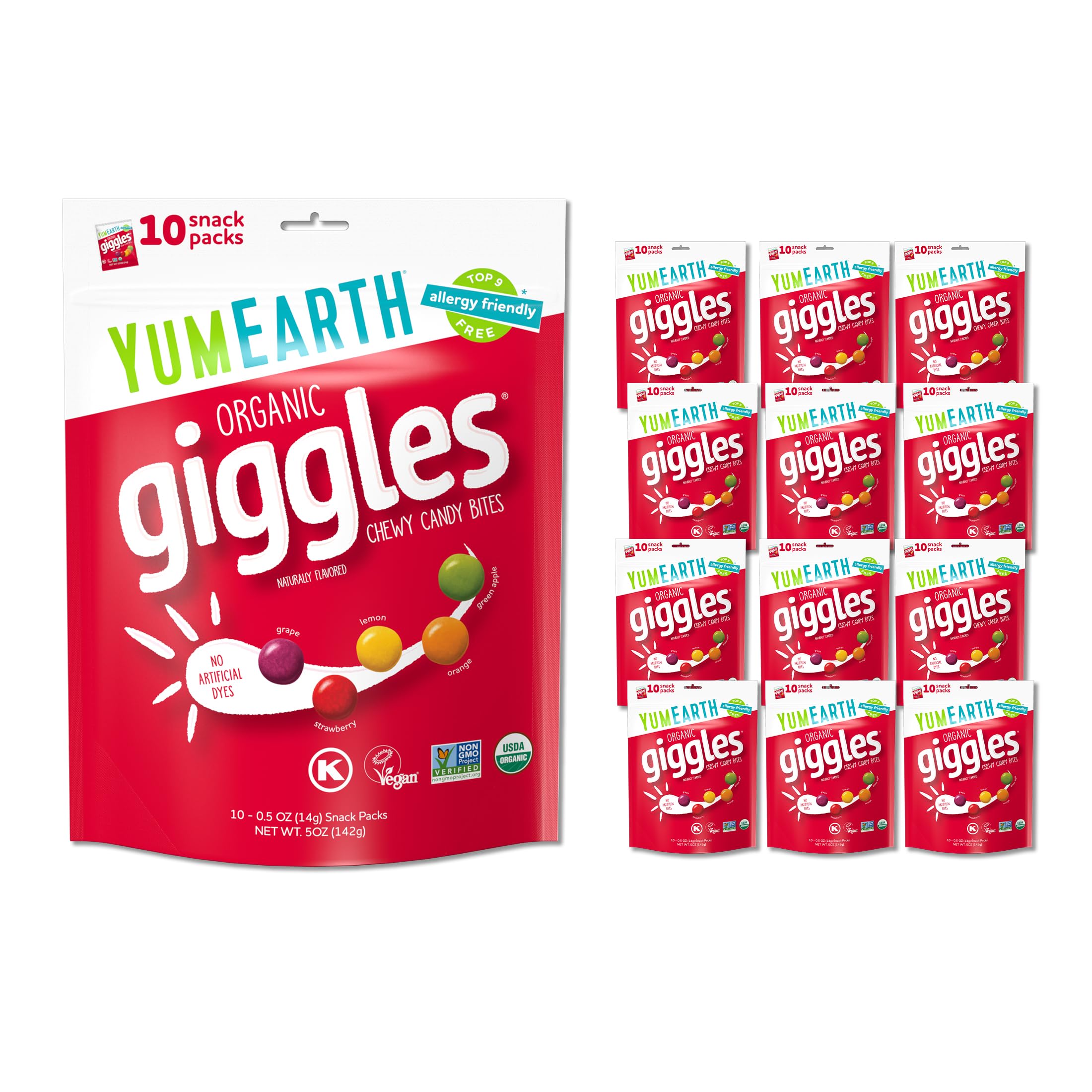 YumEarth Organic Giggles Chewy Candy, Fruit Flavored, 10 Snack Packs per bag, Pack of 12