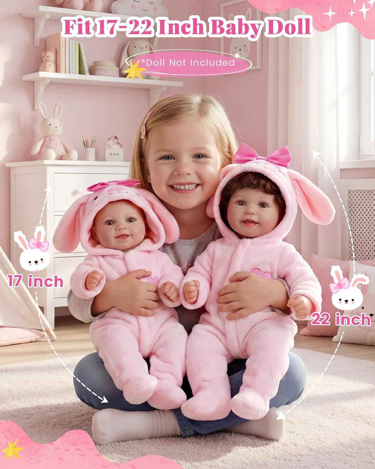 BABESIDE Reborn Baby Doll Clothes for 17-20 Inch Dolls Accessories,Cute Pink Bunny Baby Doll Clothes for Realistic Babydolls, Pretend Play Gift for Kids Age 3+ Birthday Easter(Doll Not Included)