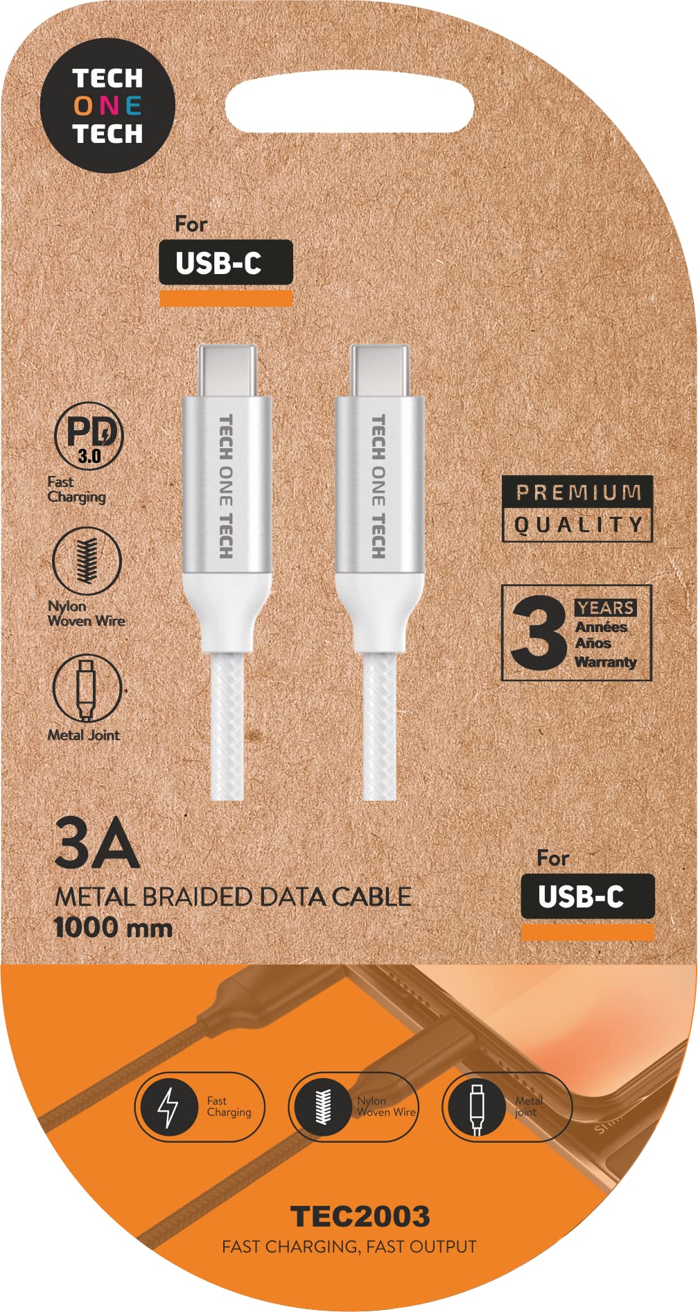 Cable USB 2.0 Tipo-C Tech One Tech TEC2204/ USB Tipo-C Macho - USB Tipo-C Macho/ Hasta 20W/ 480Mbps/ 1m/ Blanco
