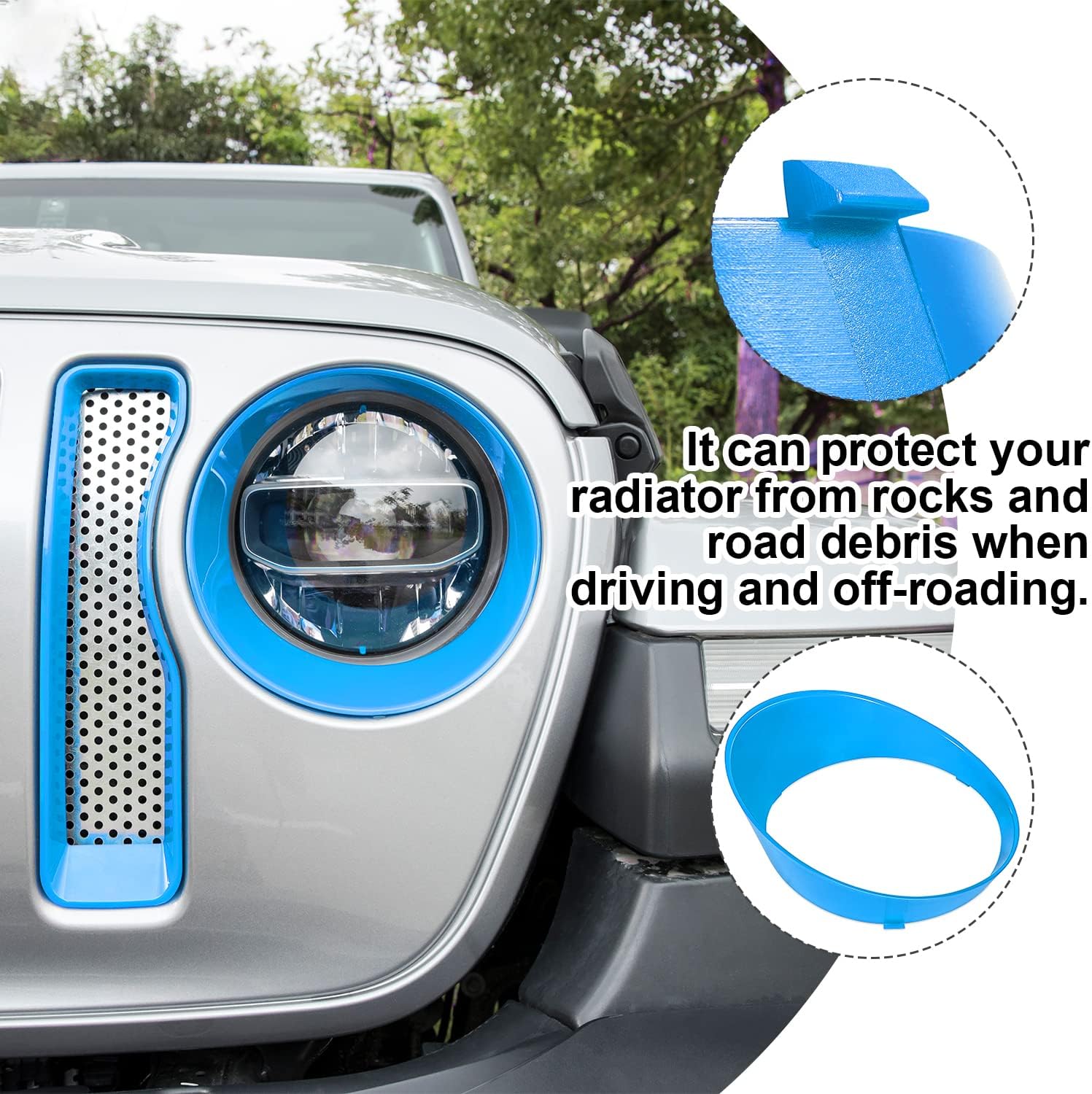 Bonbo Mesh Grille Grill Insert & Headlight Turn Light Cover Trim Exterior Accessories for Jeep Wrangler JL Sport/Sports 2018-2023 (Baby Blue)