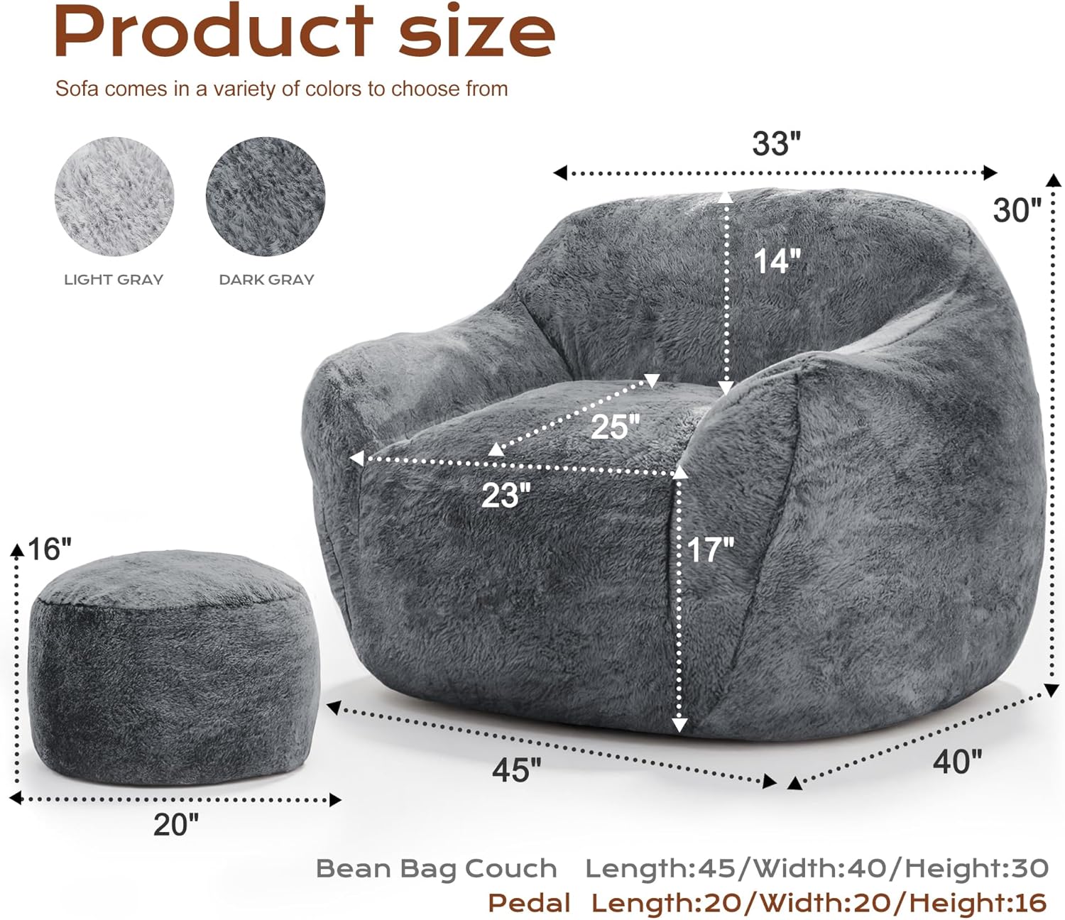Giant Bean Bag Chair for Adults, Large Memory Foam BeanBag Chairs, Oversized Bean Bag Sofa with Filler, Faux Fur Big Reading Chair Comfy Floor Sofa Chair (Grey, Single with Ottoman) - Image 2